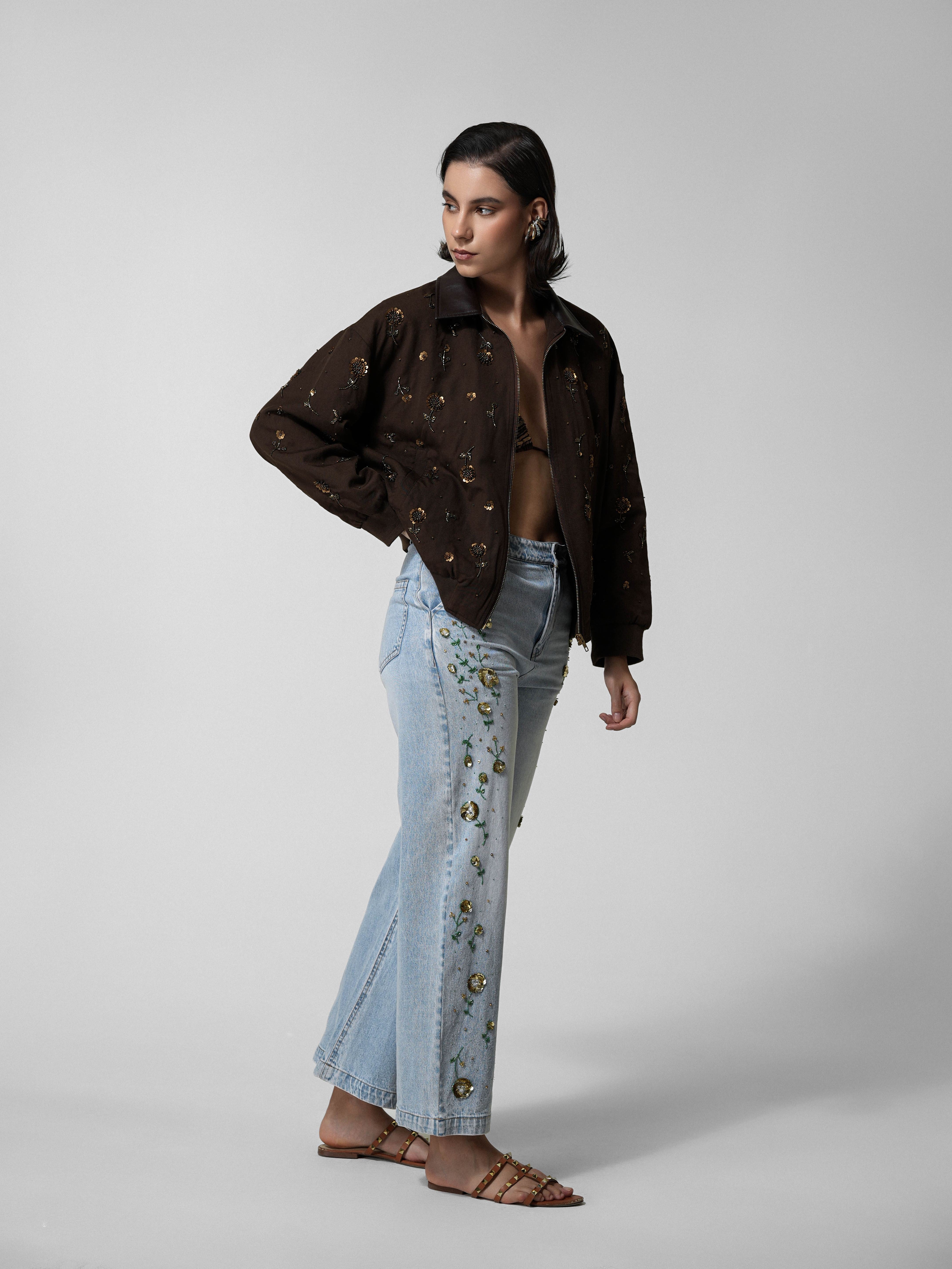 Brown Floral Beaded Cropped Bomber Jacket
