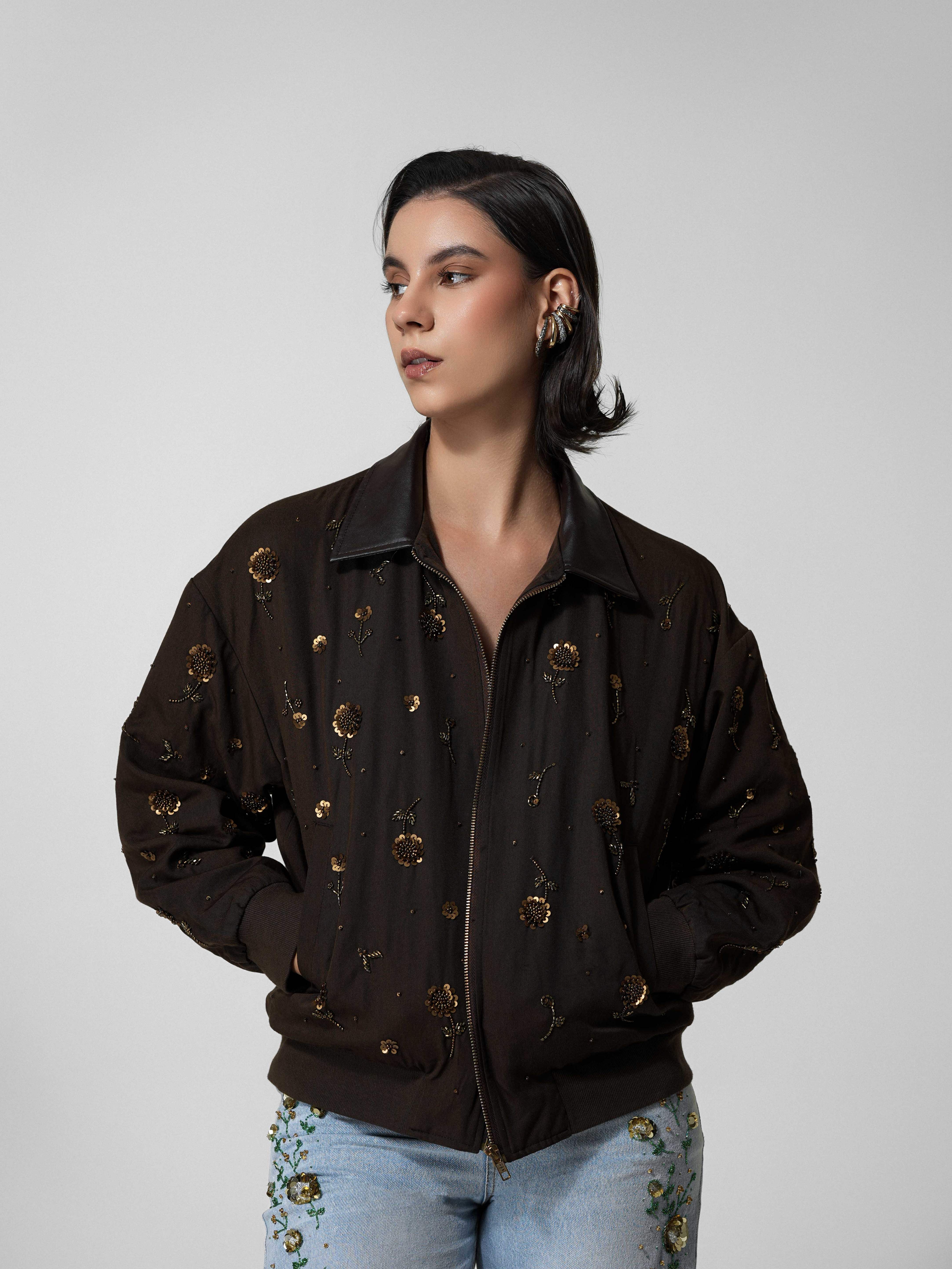 Brown Floral Beaded Cropped Bomber Jacket