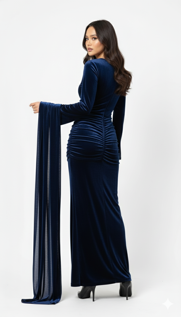 Royal Navy Velvet Dress with Scarf Neck