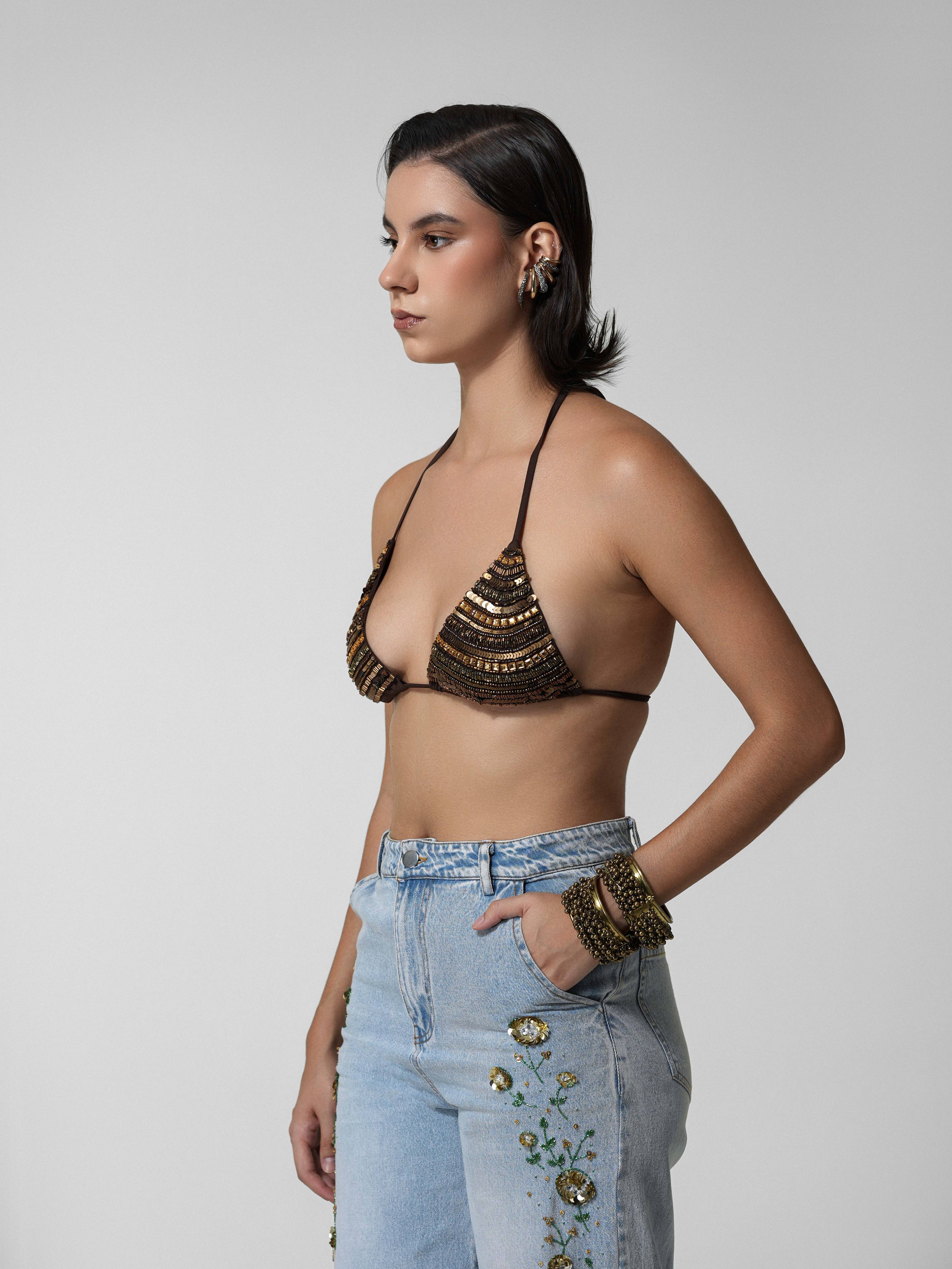 Brown Embroidered Sequin Halter Bralette
