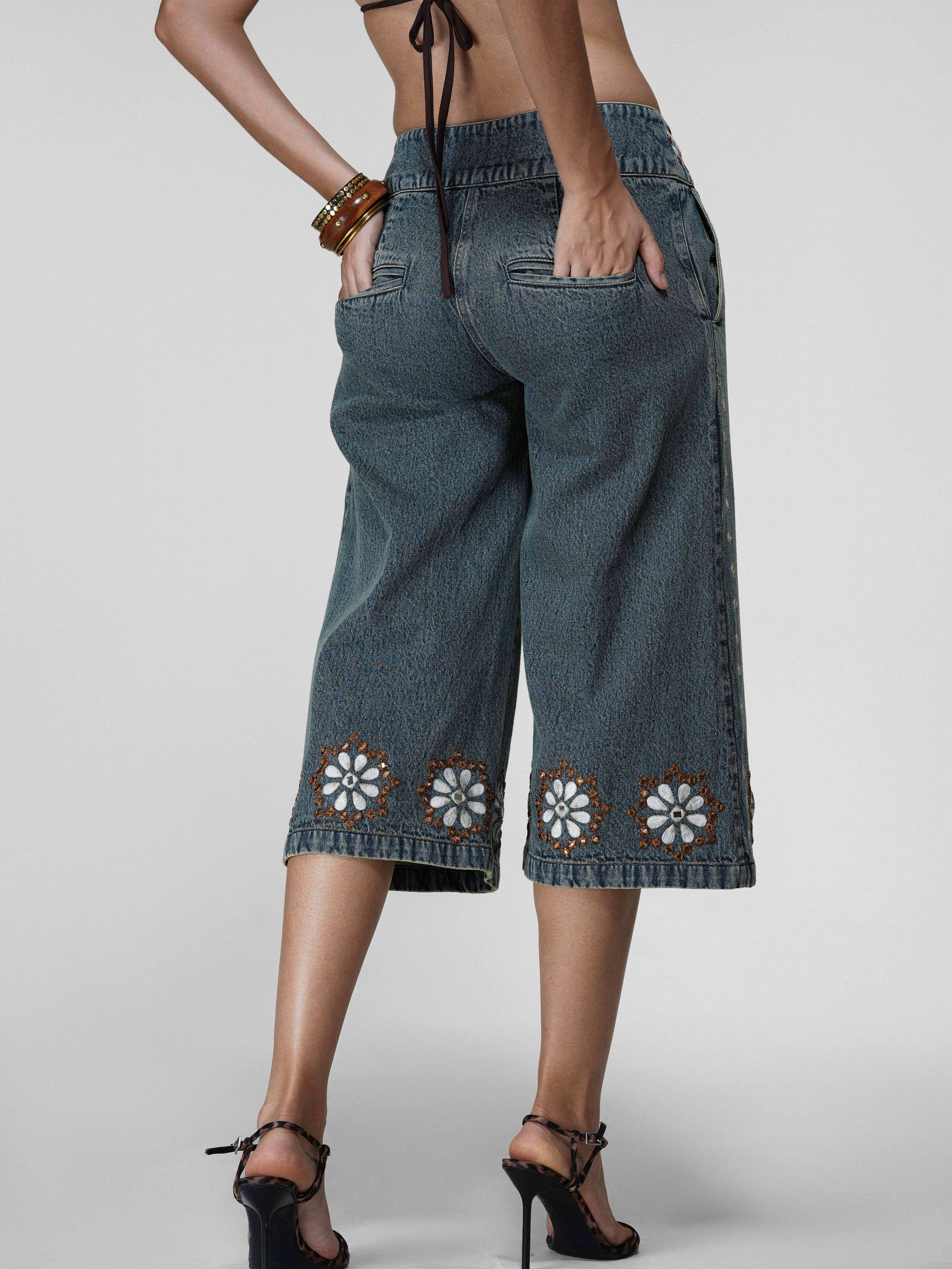 Floral Embellished Denim Shorts