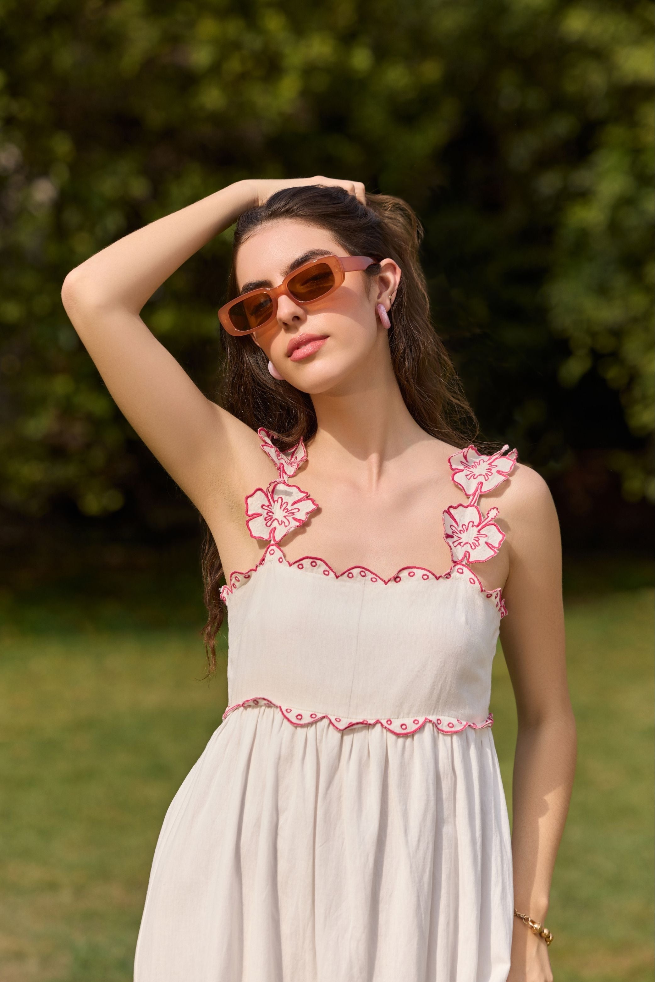 White Embroidered Floral Strap Midi Dress