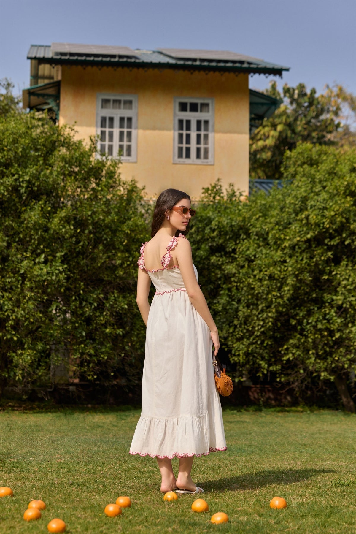 White Embroidered Floral Strap Midi Dress
