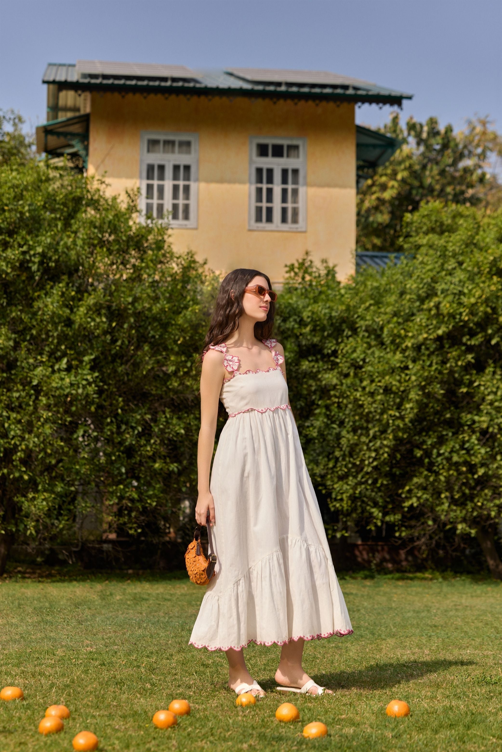 White Embroidered Floral Strap Midi Dress