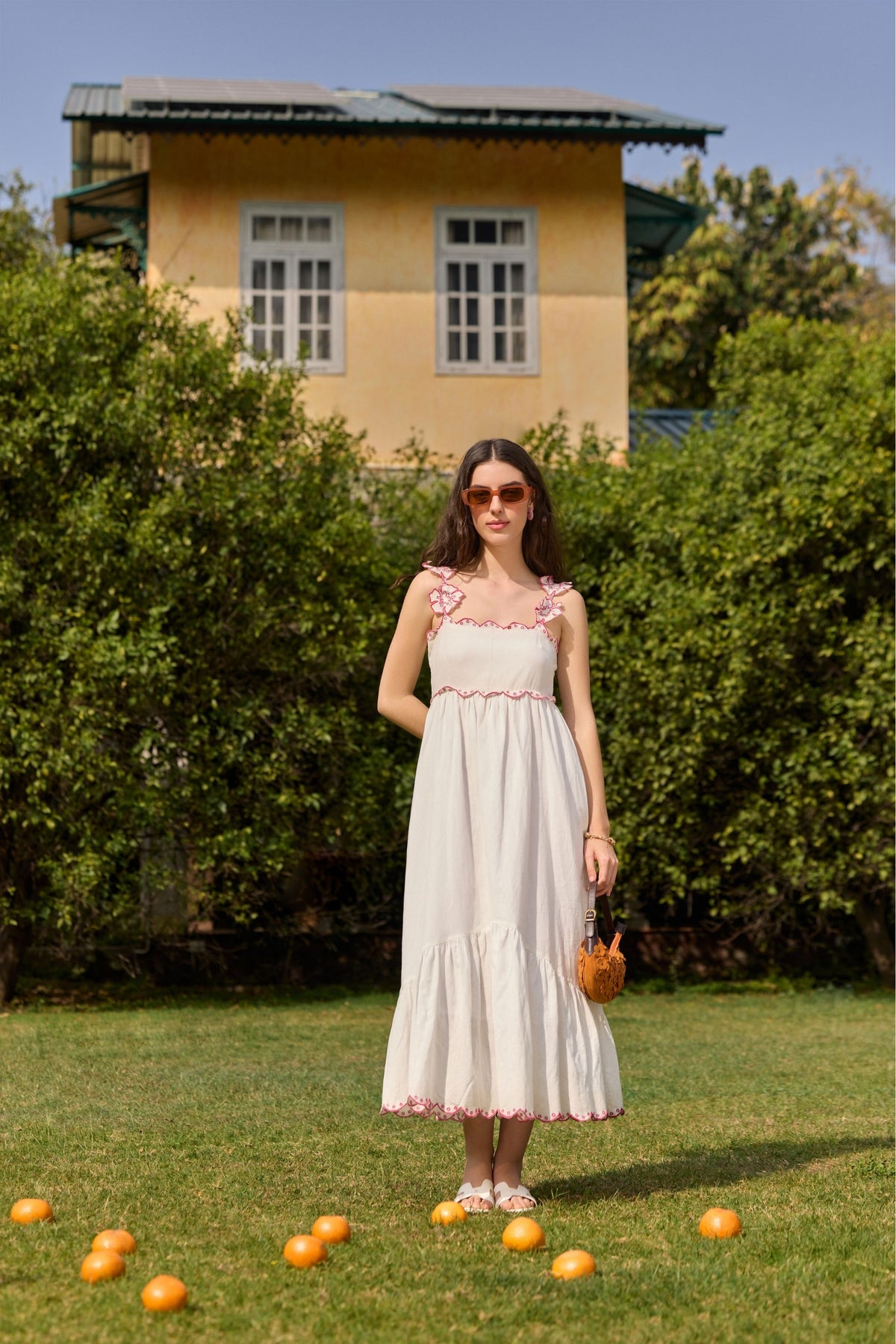White Embroidered Floral Strap Midi Dress