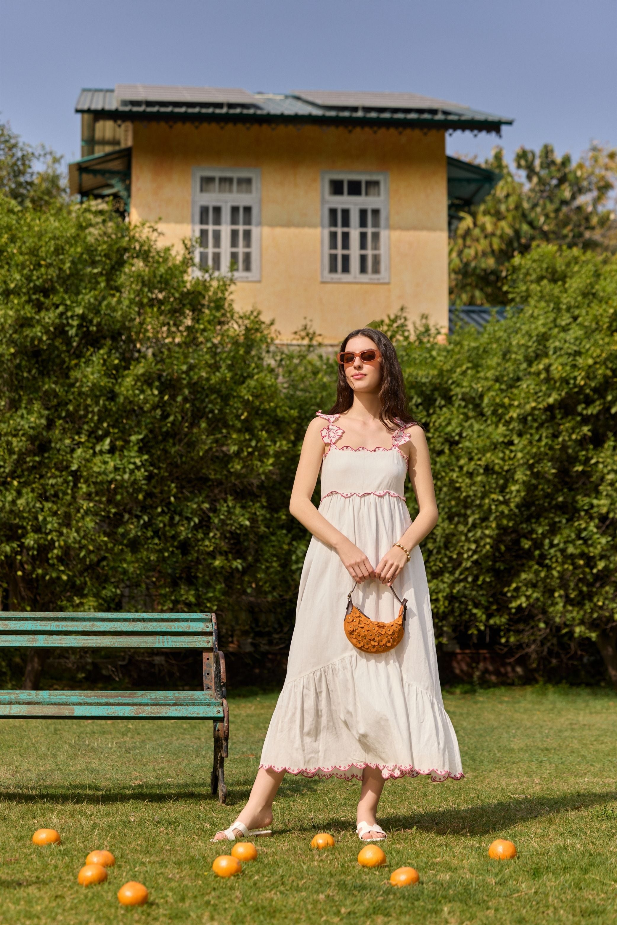 White Embroidered Floral Strap Midi Dress