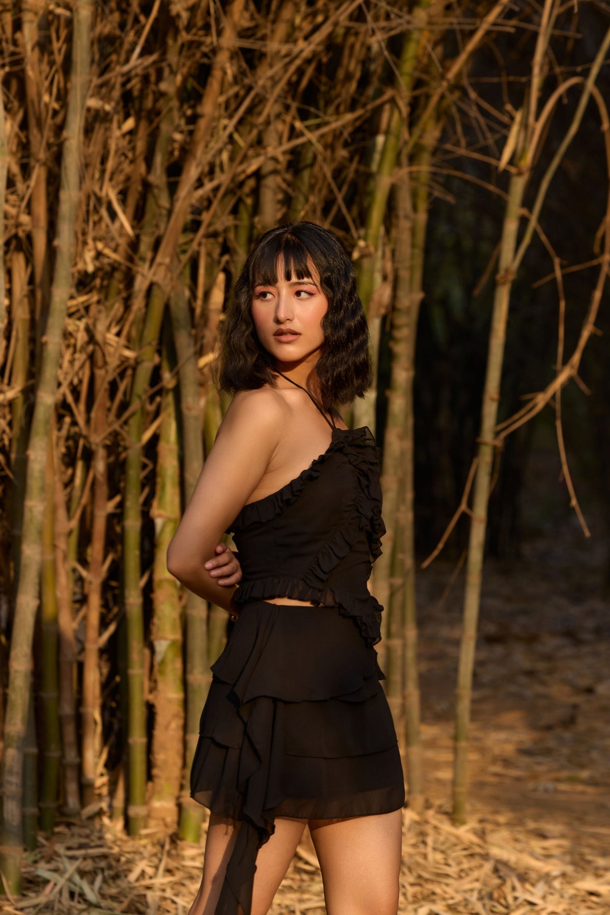 Black Ruffled Halter Neck Top
