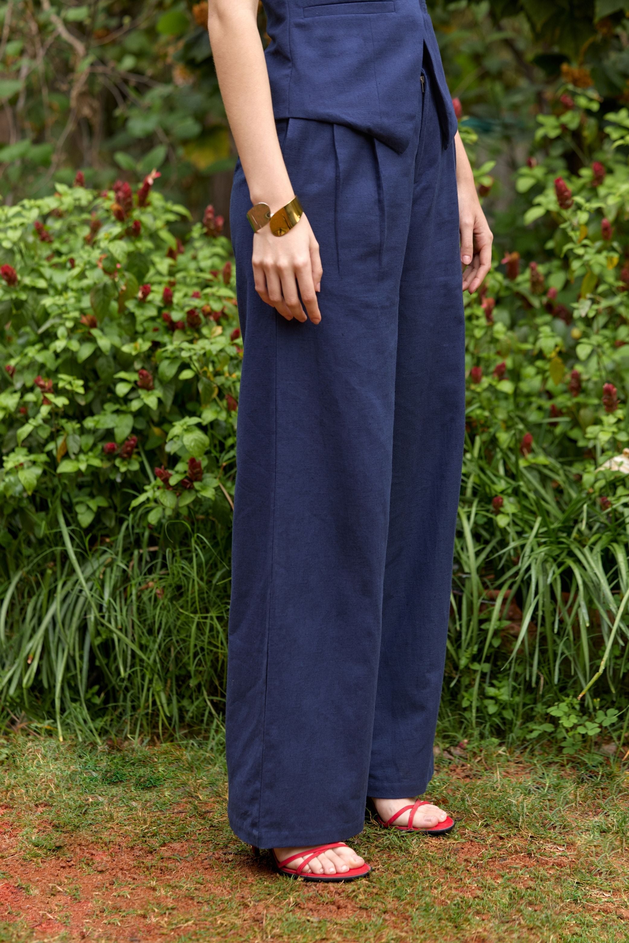 Navy Blue Pleated Wide-Leg Pants