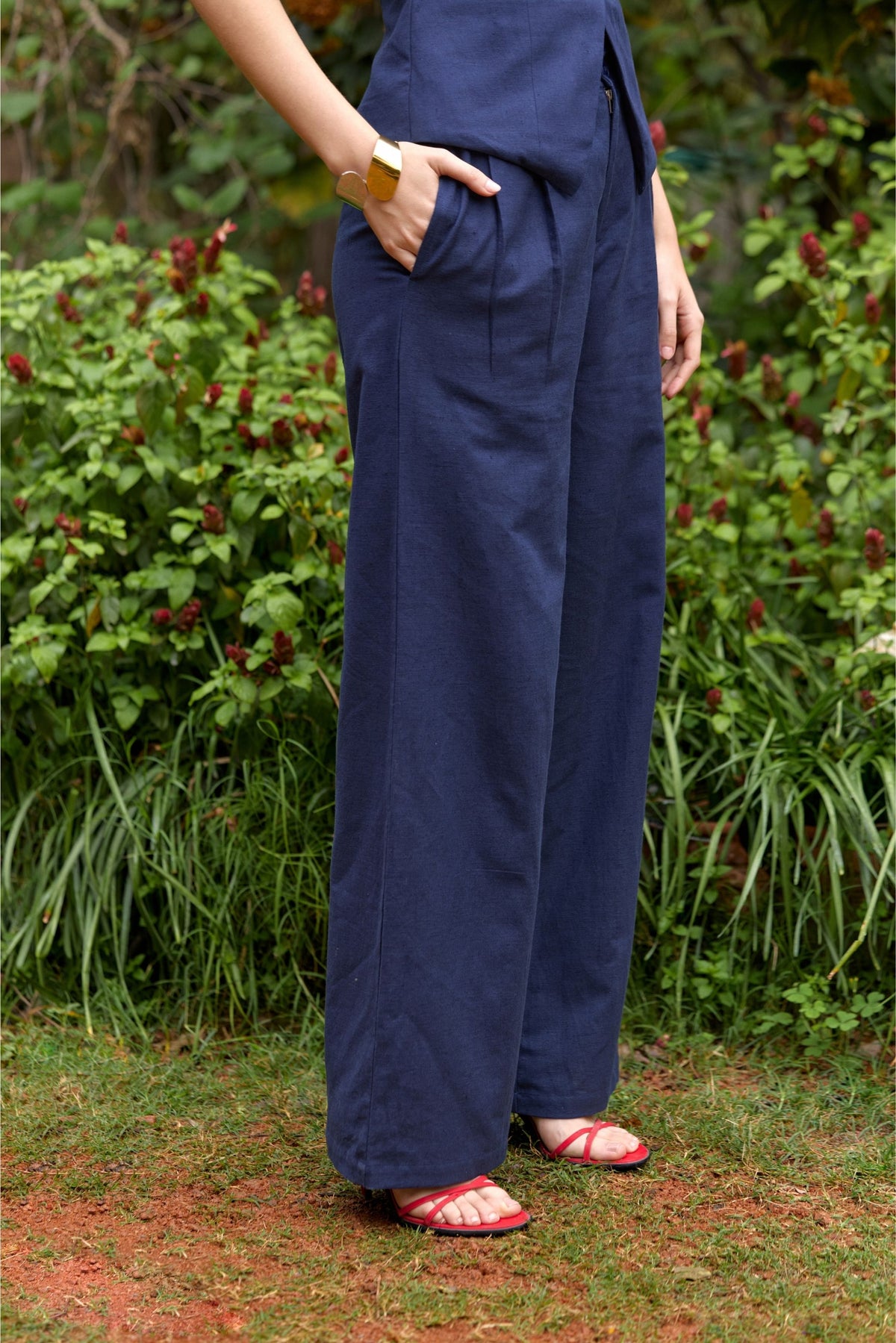 Navy Blue Pleated Wide-Leg Pants