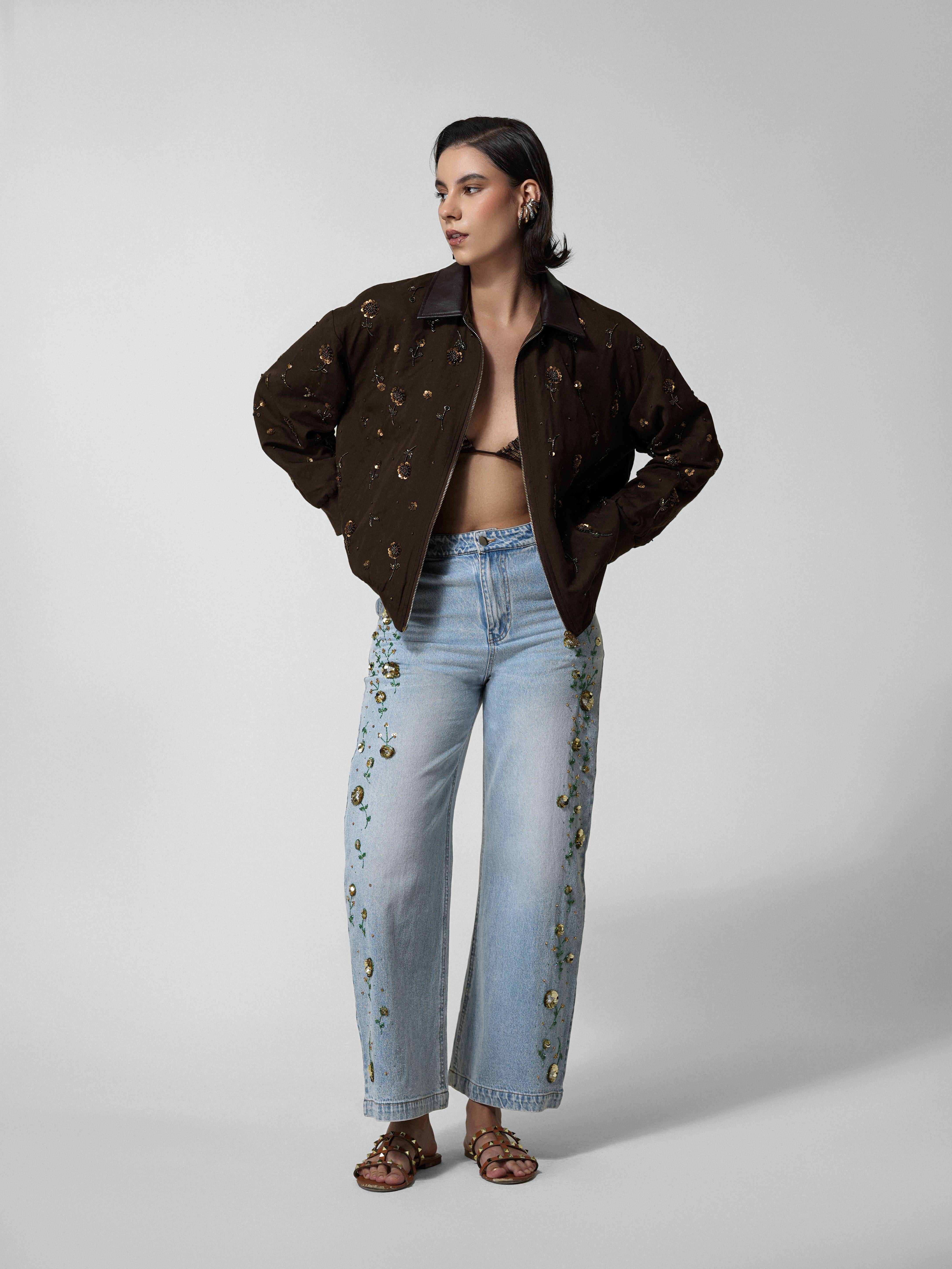 Brown Floral Beaded Cropped Bomber Jacket