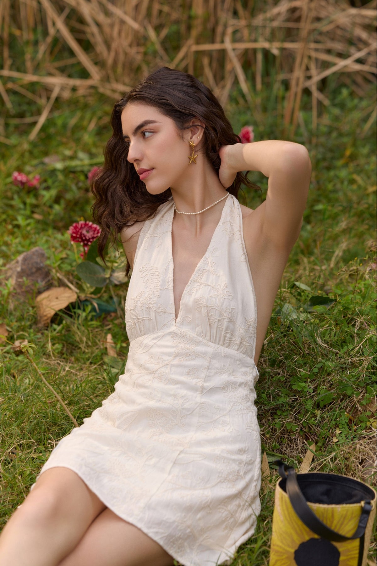Cream Embroidered Halter Mini Dress