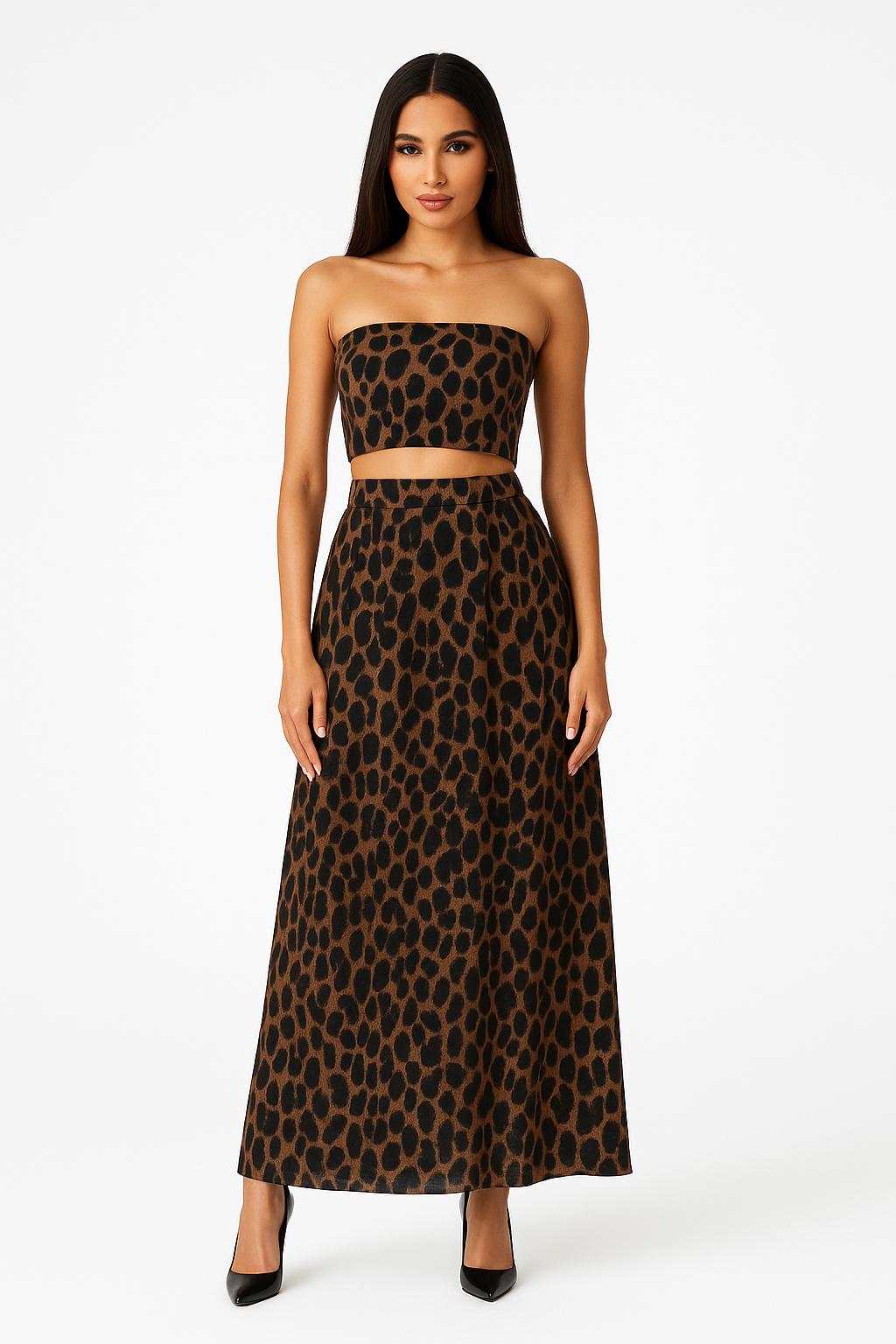 Brown Animal Print Tube Top & Maxi Skirt with Scarf
