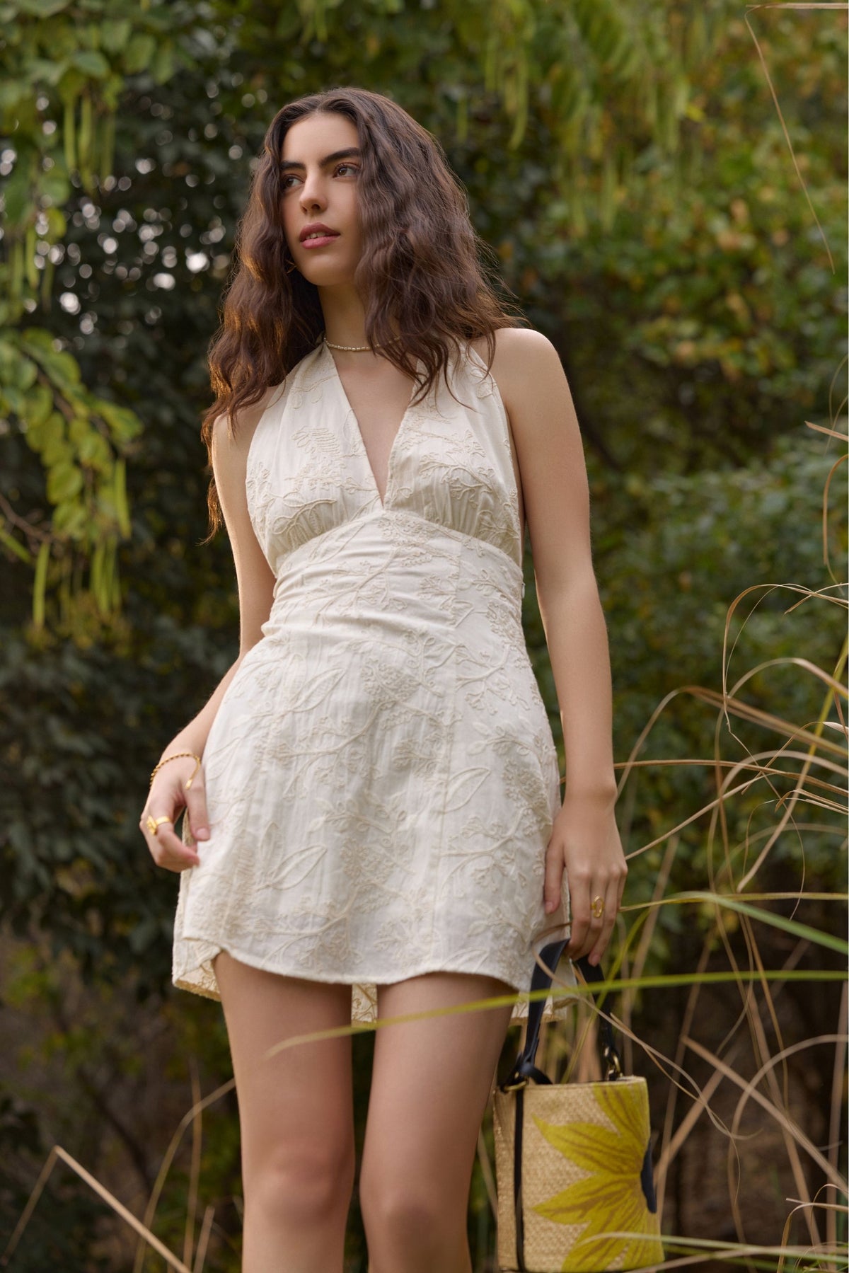Cream Embroidered Halter Mini Dress