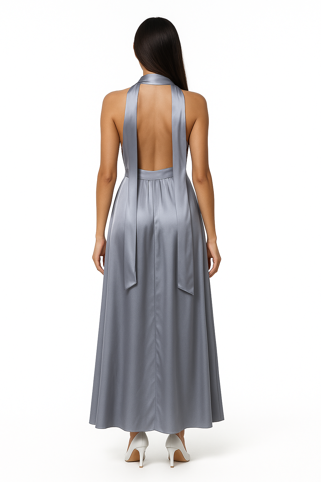 Silver Satin Halter Neck Dress with Scarf