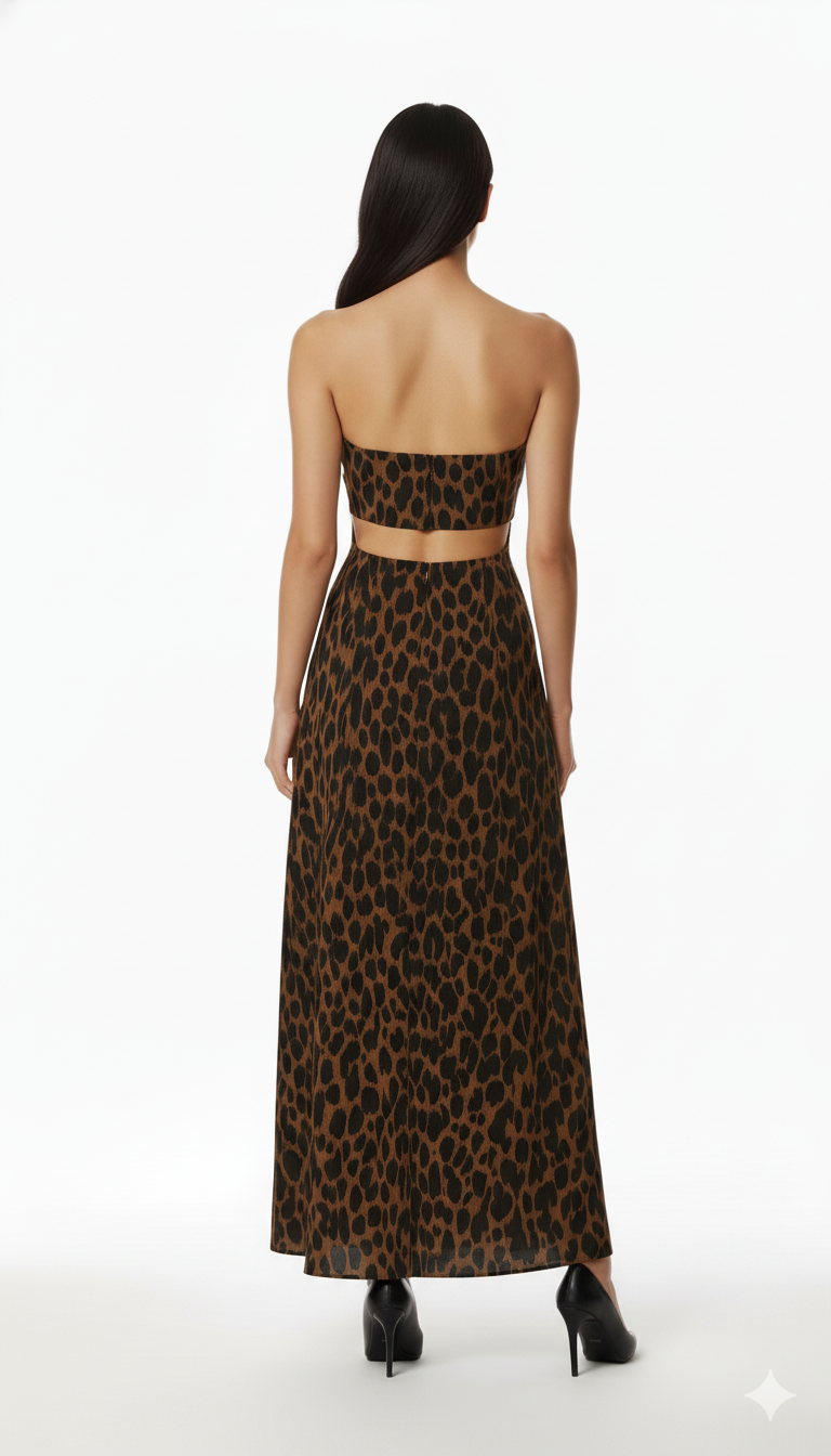 Brown Animal Print Tube Top & Maxi Skirt with Scarf