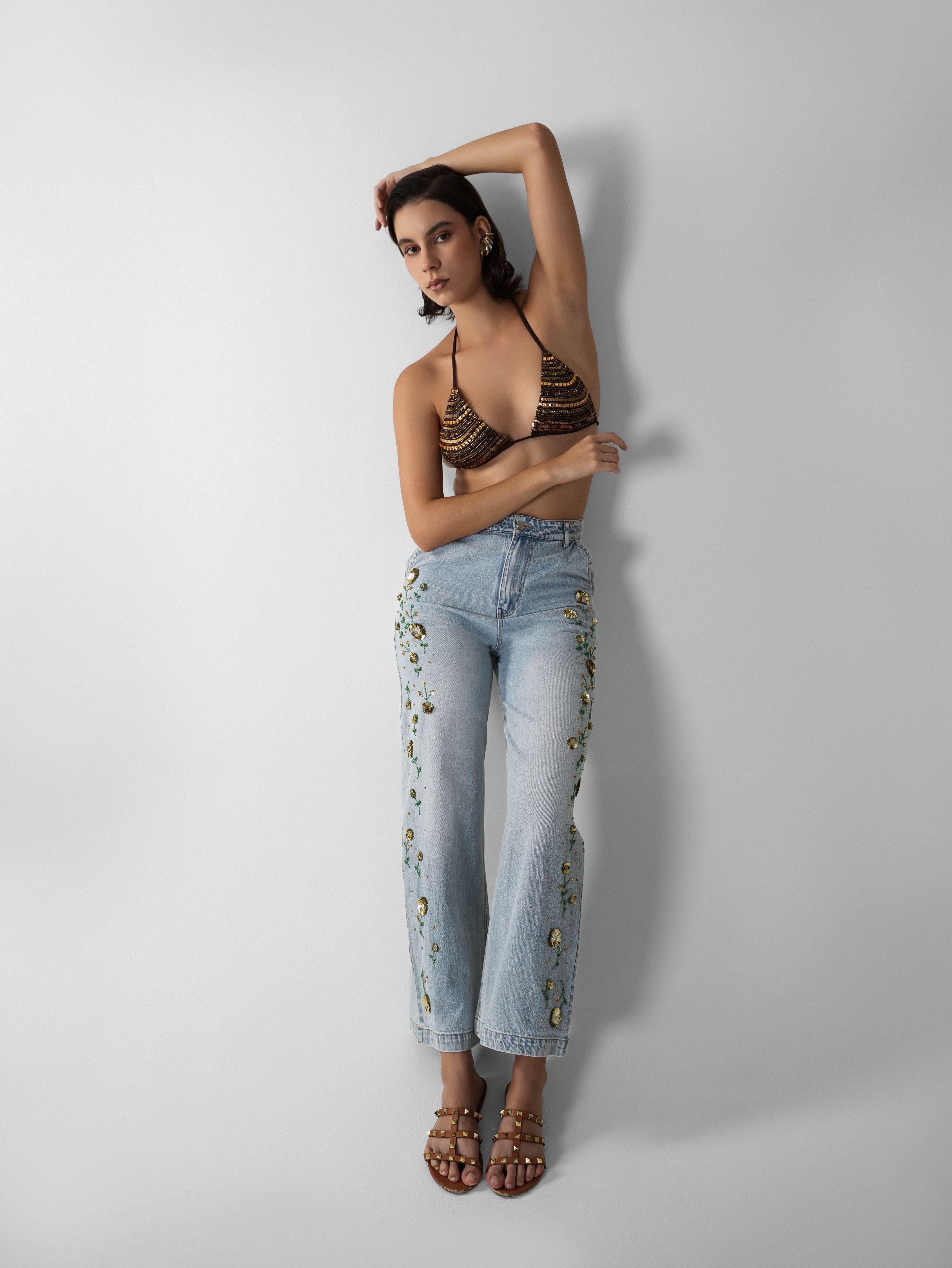 Floral Side-Embroidered Wide-Leg Jeans