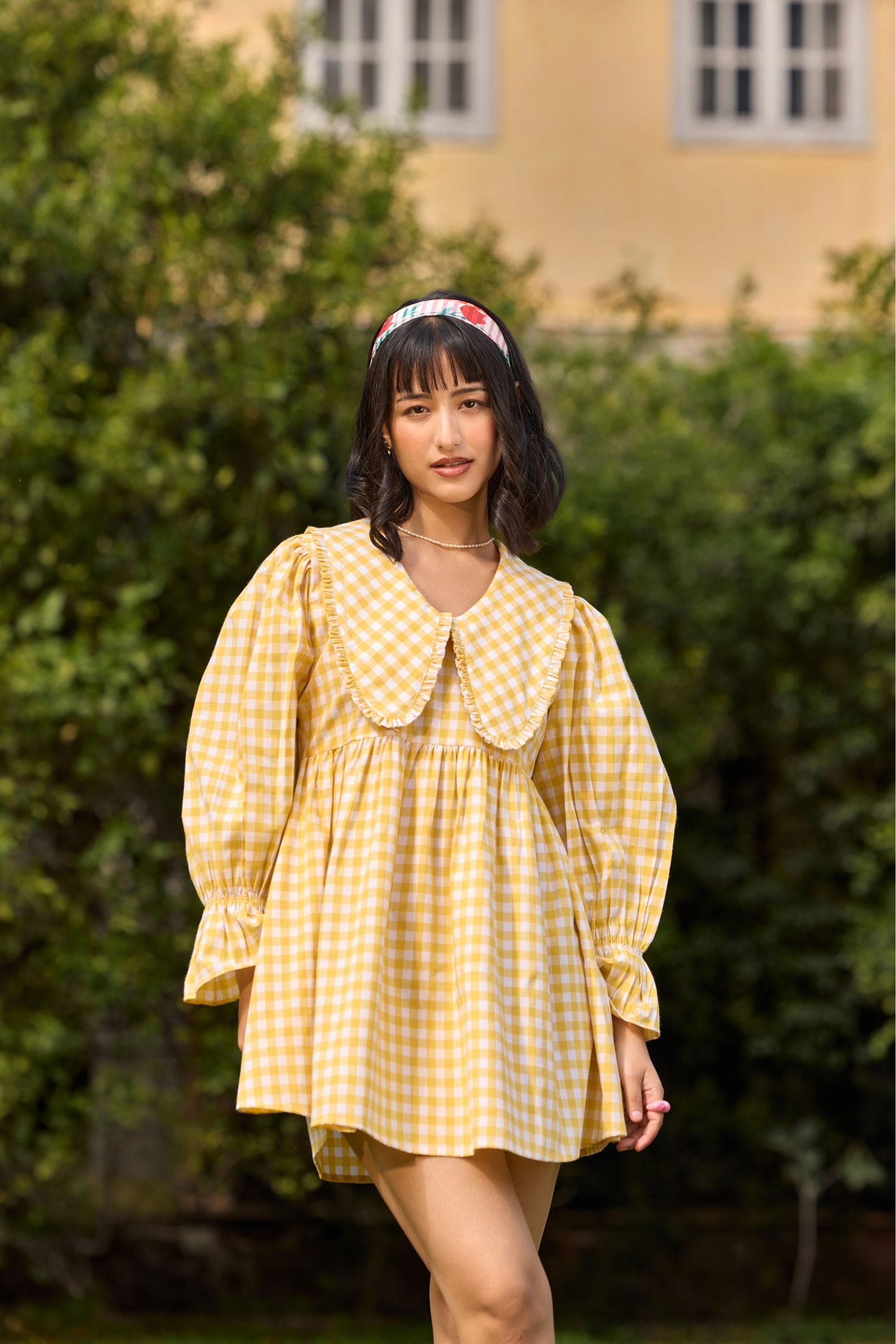 yellow checkered dress Yellow Checked Flared Mini Dress Yellow / XXL