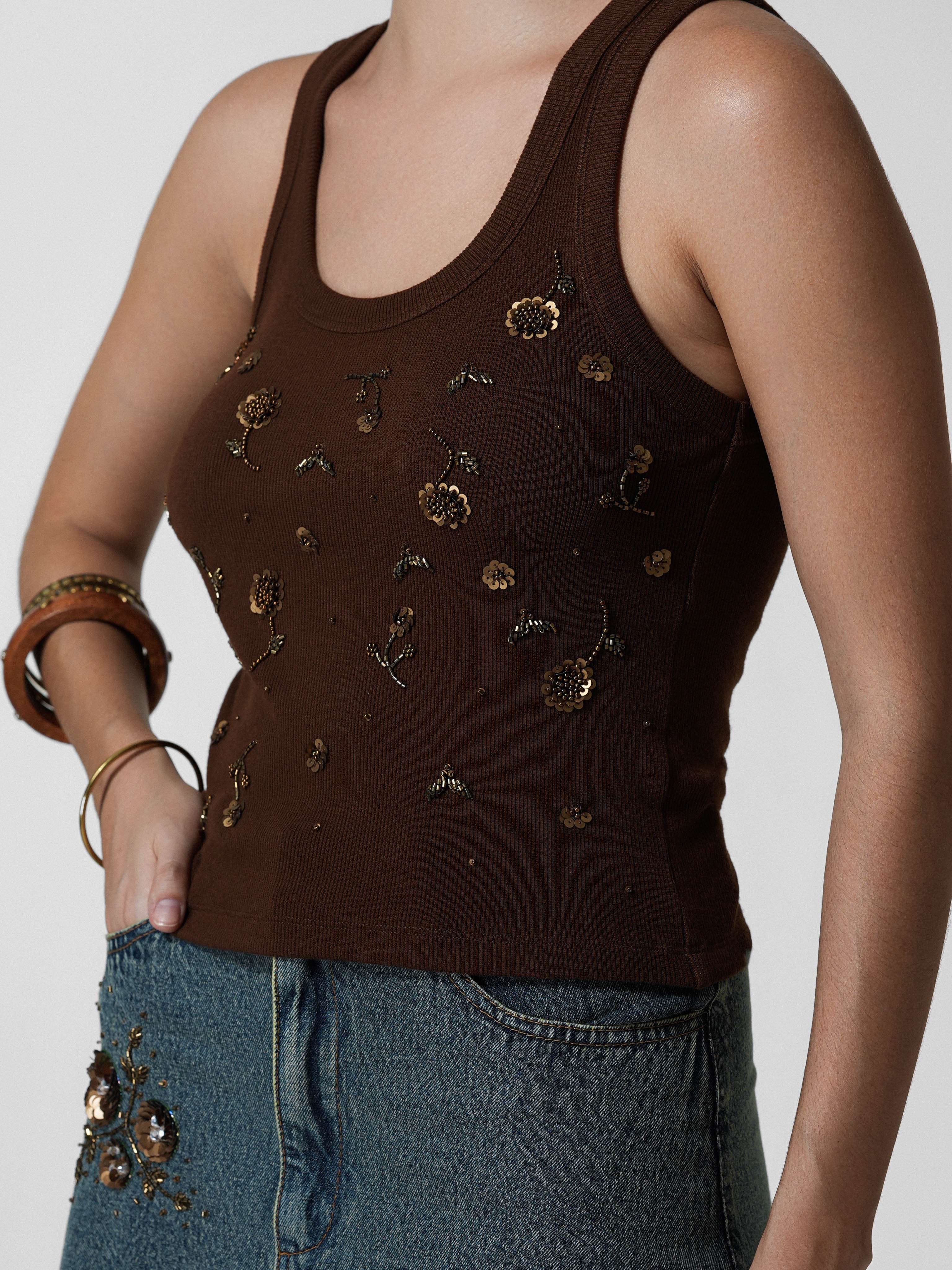 Brown Beaded Floral Tank Top