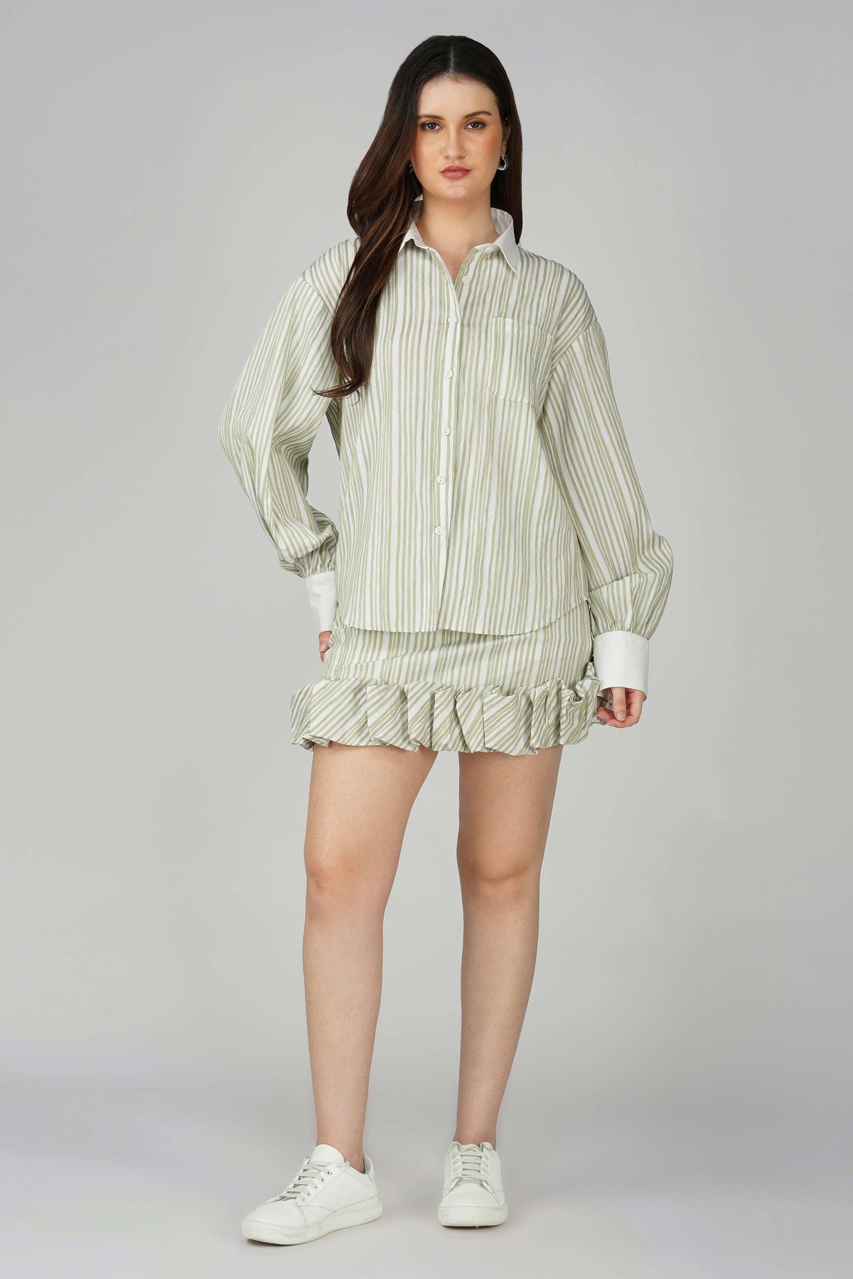 Green Striped Shirt and Skirt Set