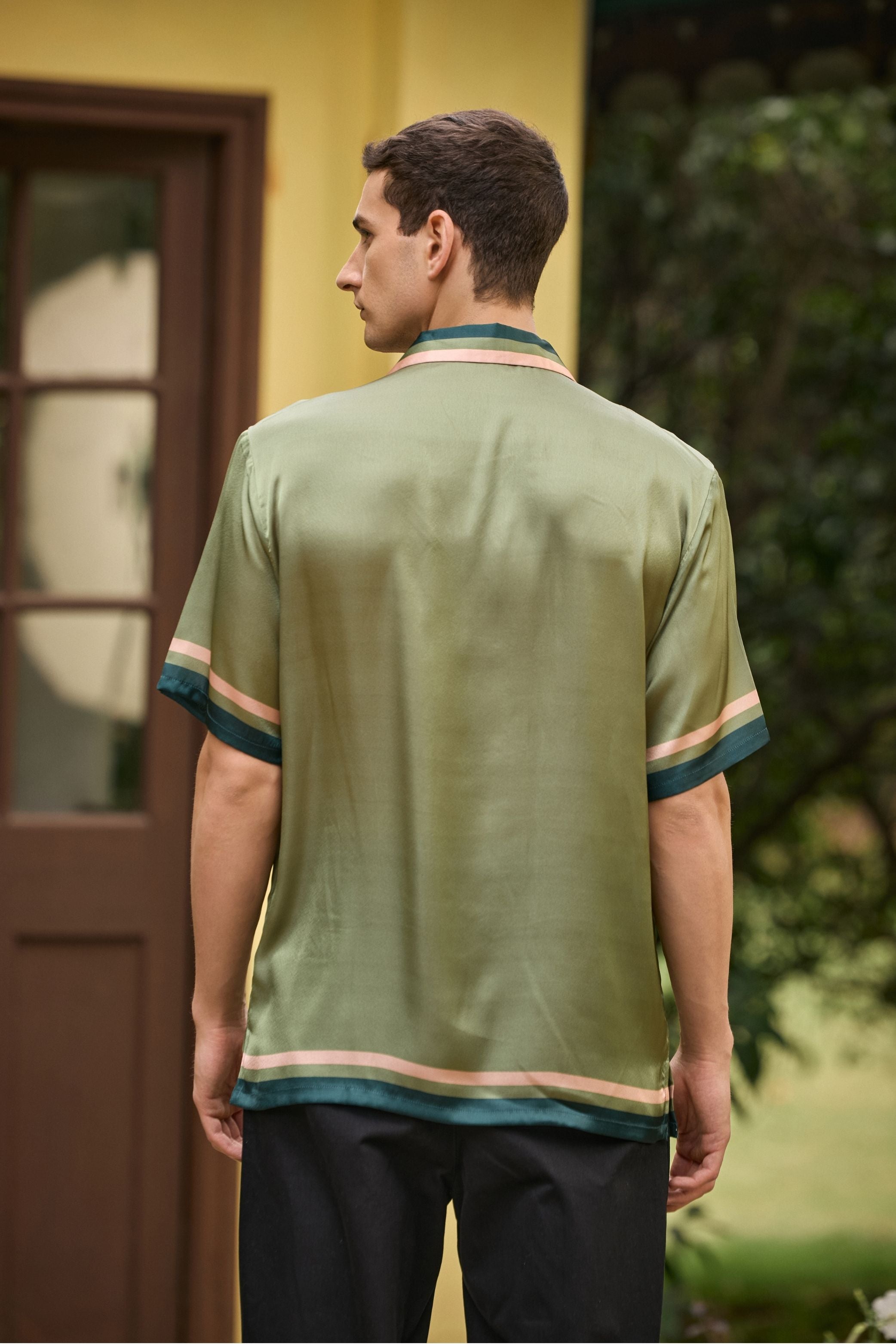 I Dream of Ramen Printed Camp Collar Satin Shirt – Olive Green