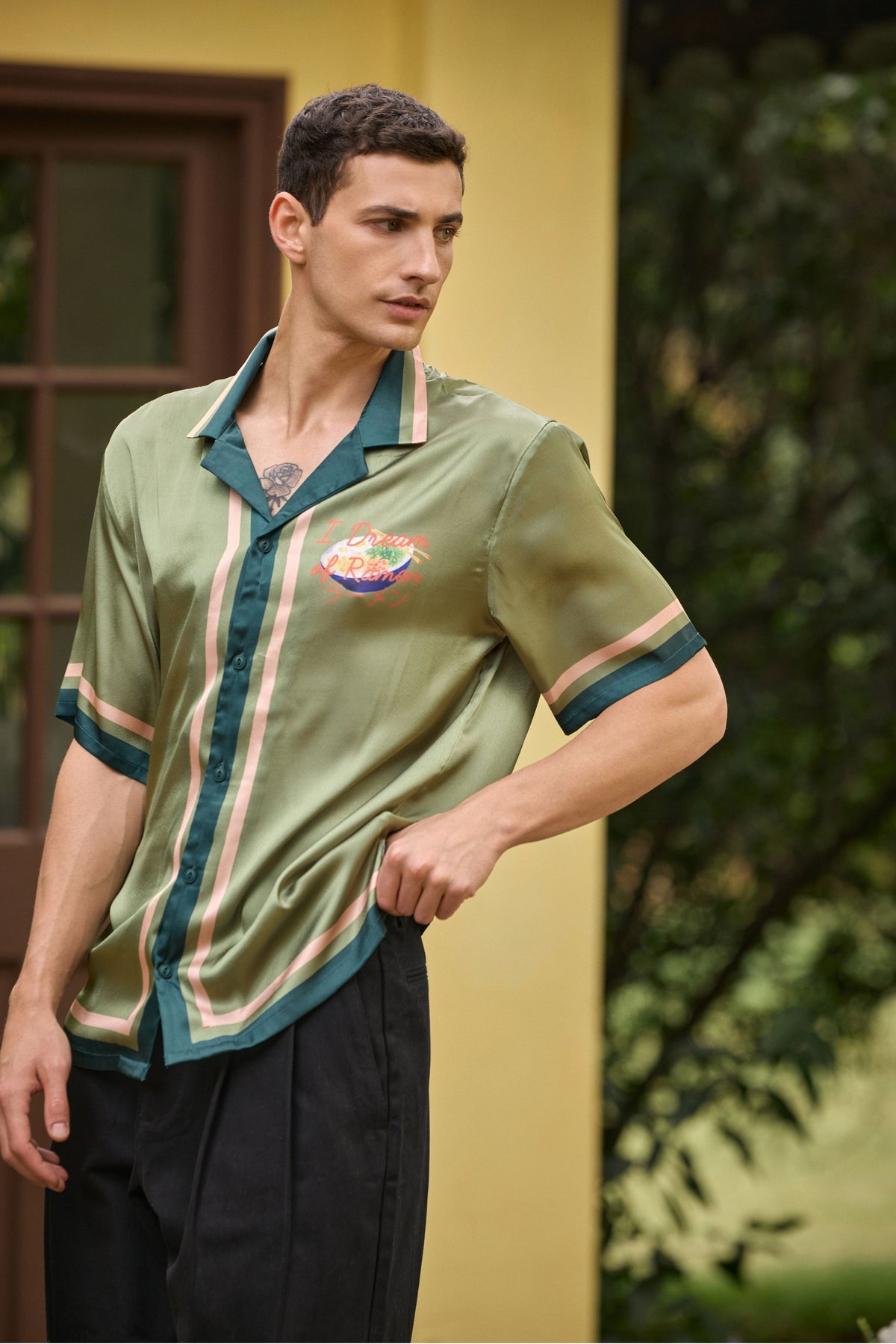 I Dream of Ramen Printed Camp Collar Satin Shirt – Olive Green