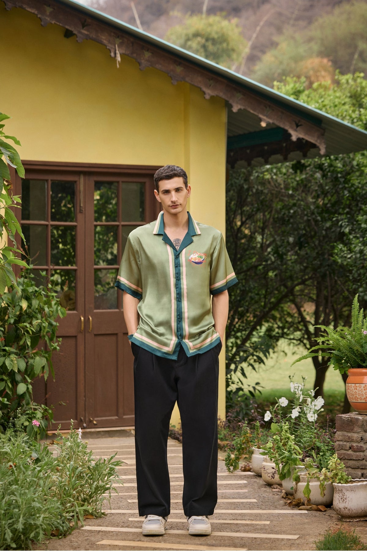 I Dream of Ramen Printed Camp Collar Satin Shirt – Olive Green