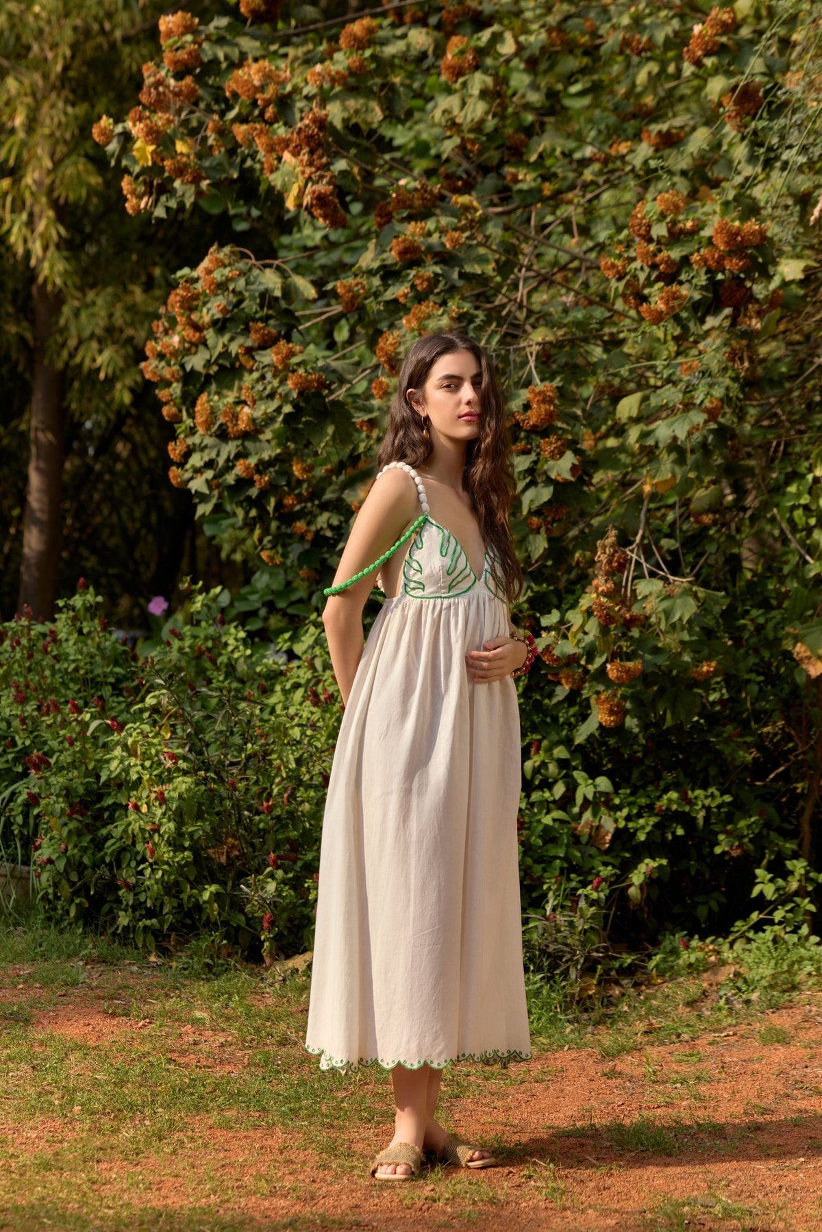 Palm Leaf Embroidered Midi Dress