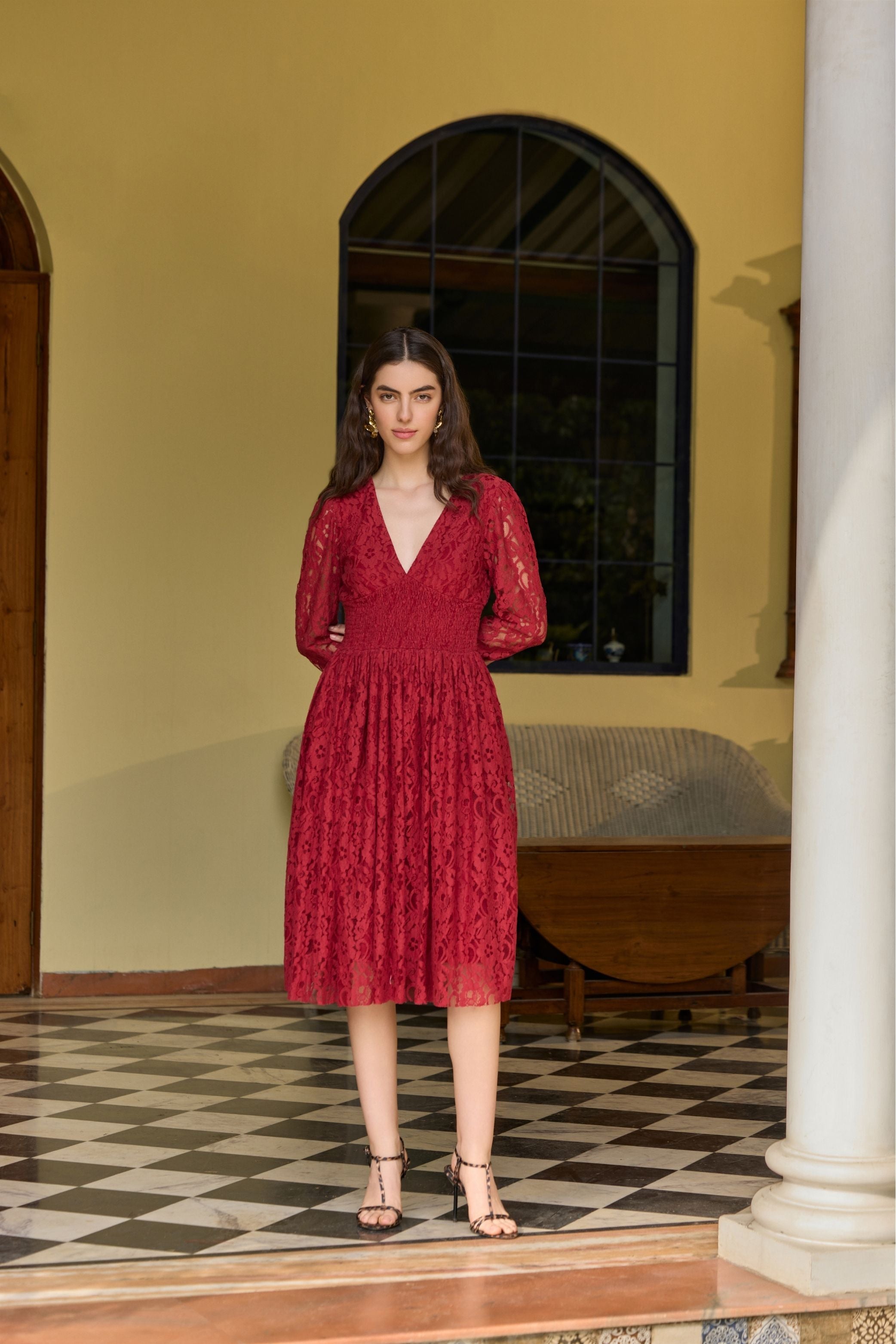 Elegant Cherry Red Lace Midi Dress