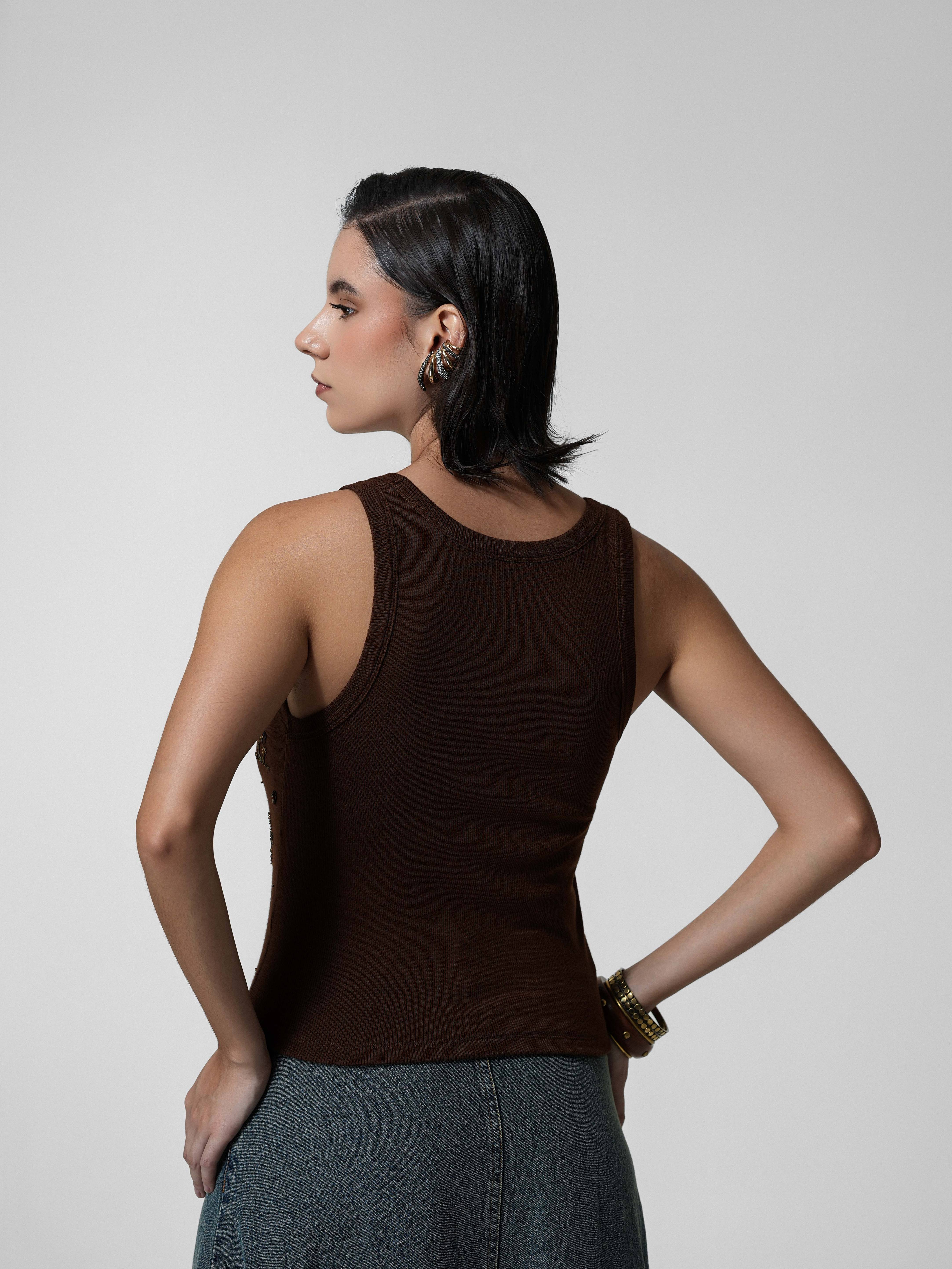 Brown Beaded Floral Tank Top