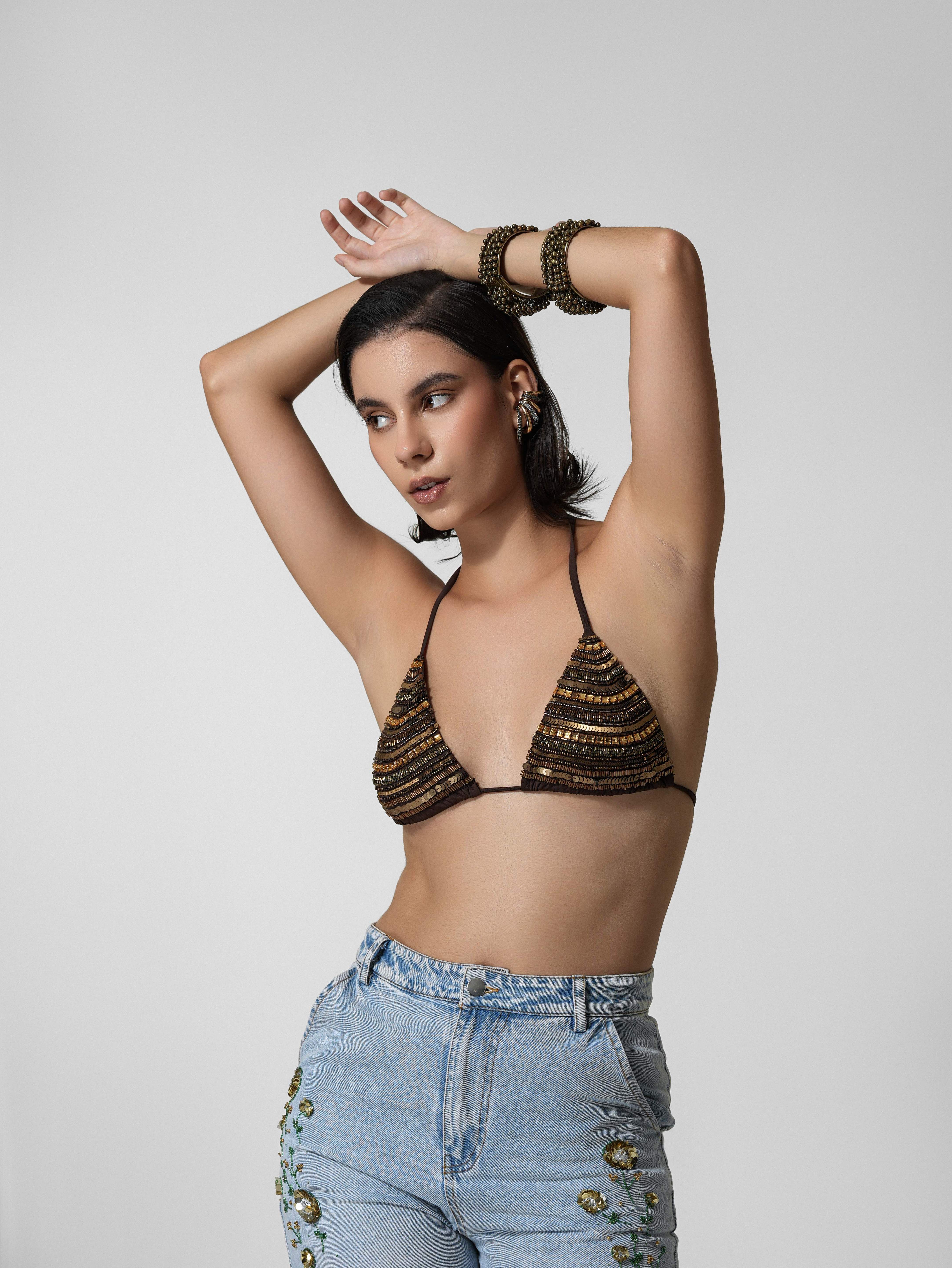 Brown Embroidered Sequin Halter Bralette
