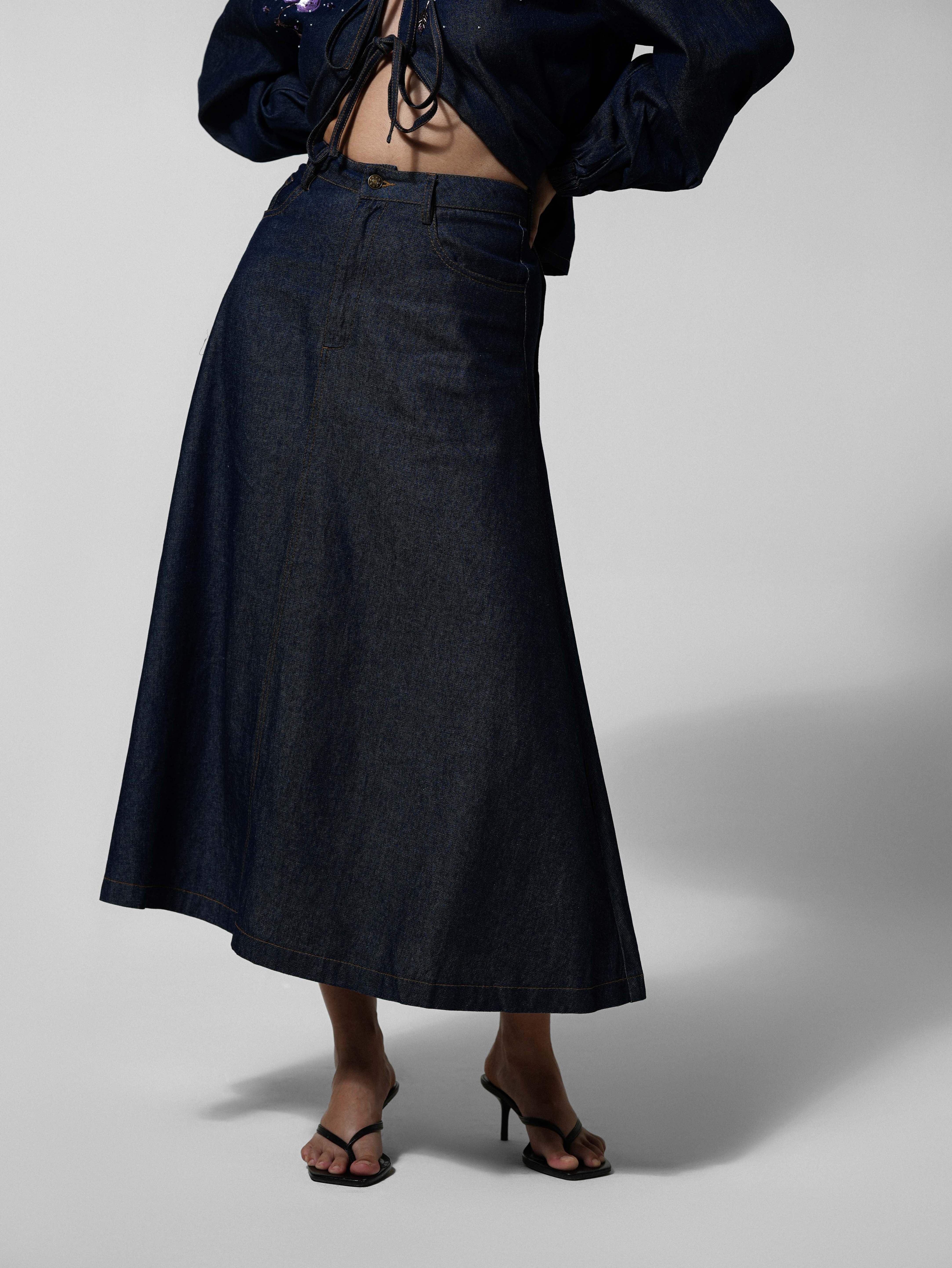 Navy Denim A-Line Maxi Skirt
