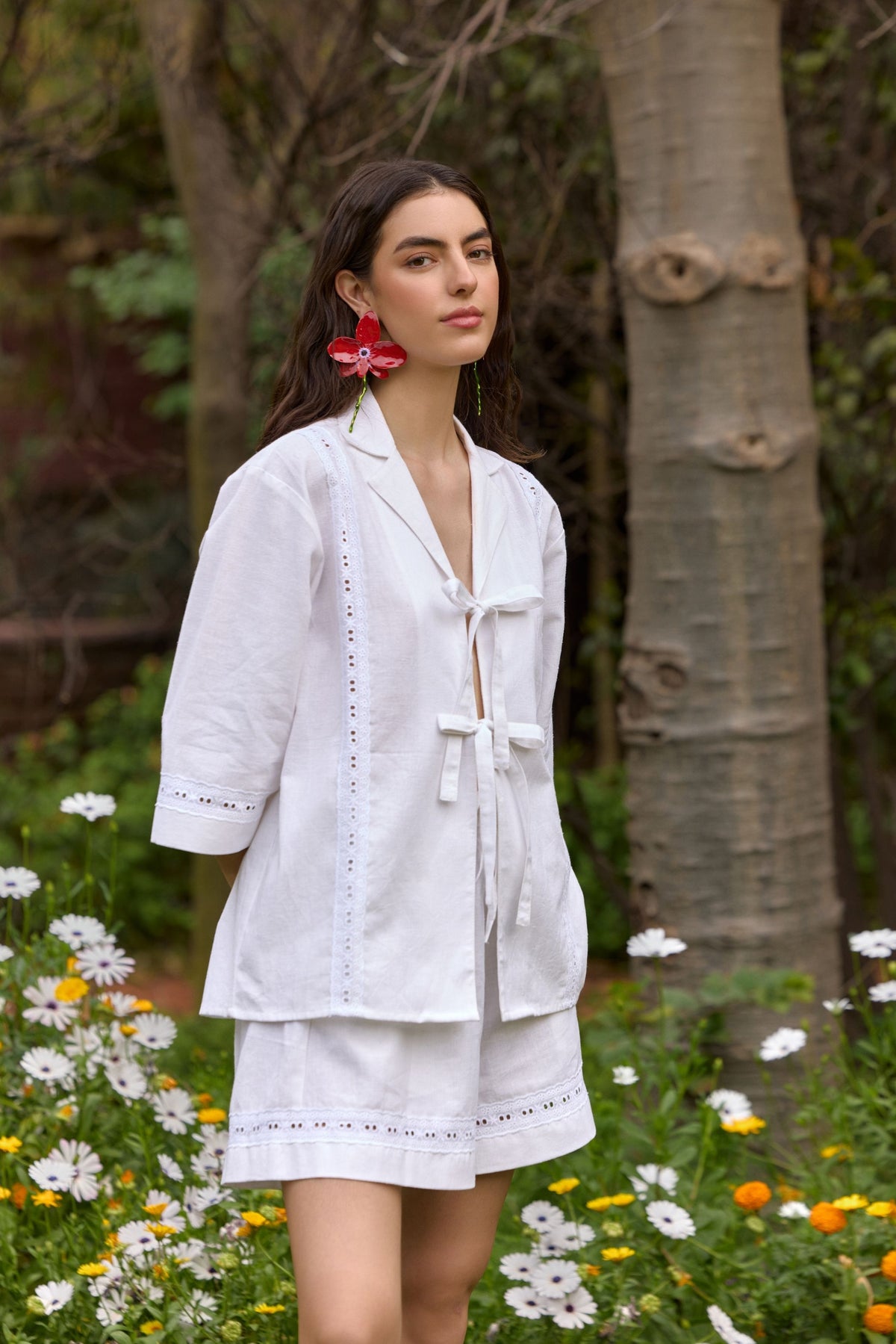 White Tie-Up Eyelet Shirt