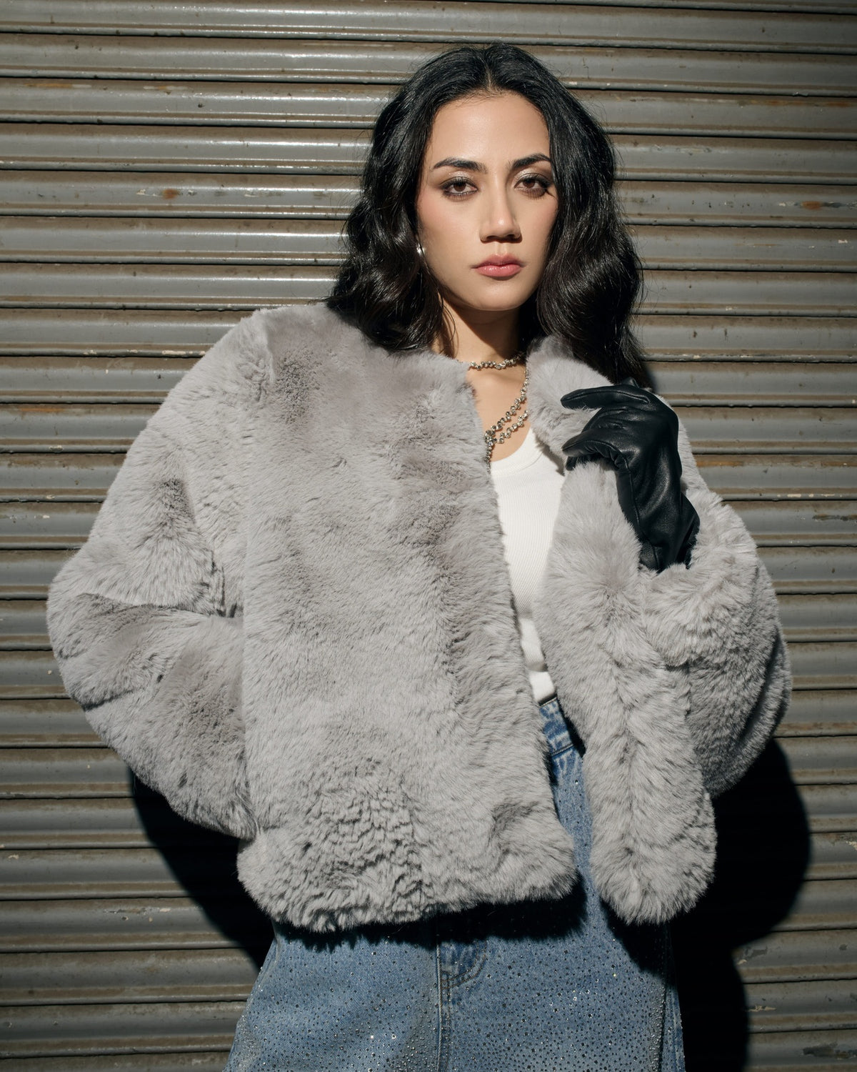 Luxe Light Grey Faux Fur Jacket