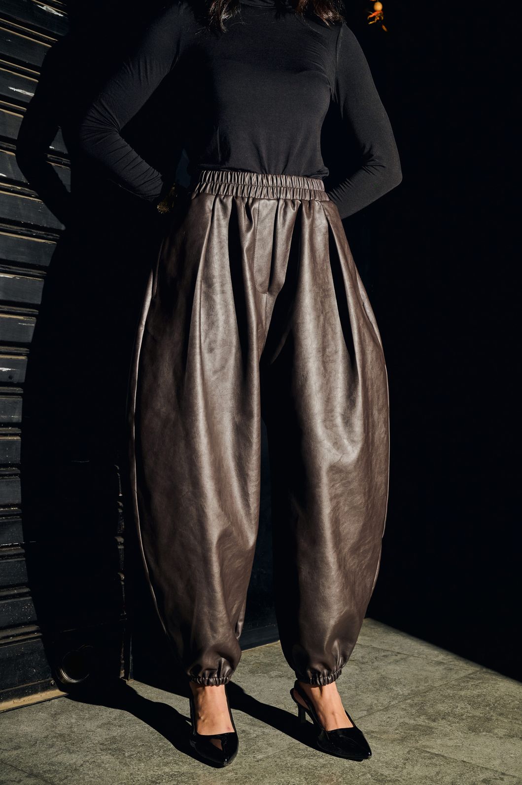 Brown Faux Leather Barrel Pants