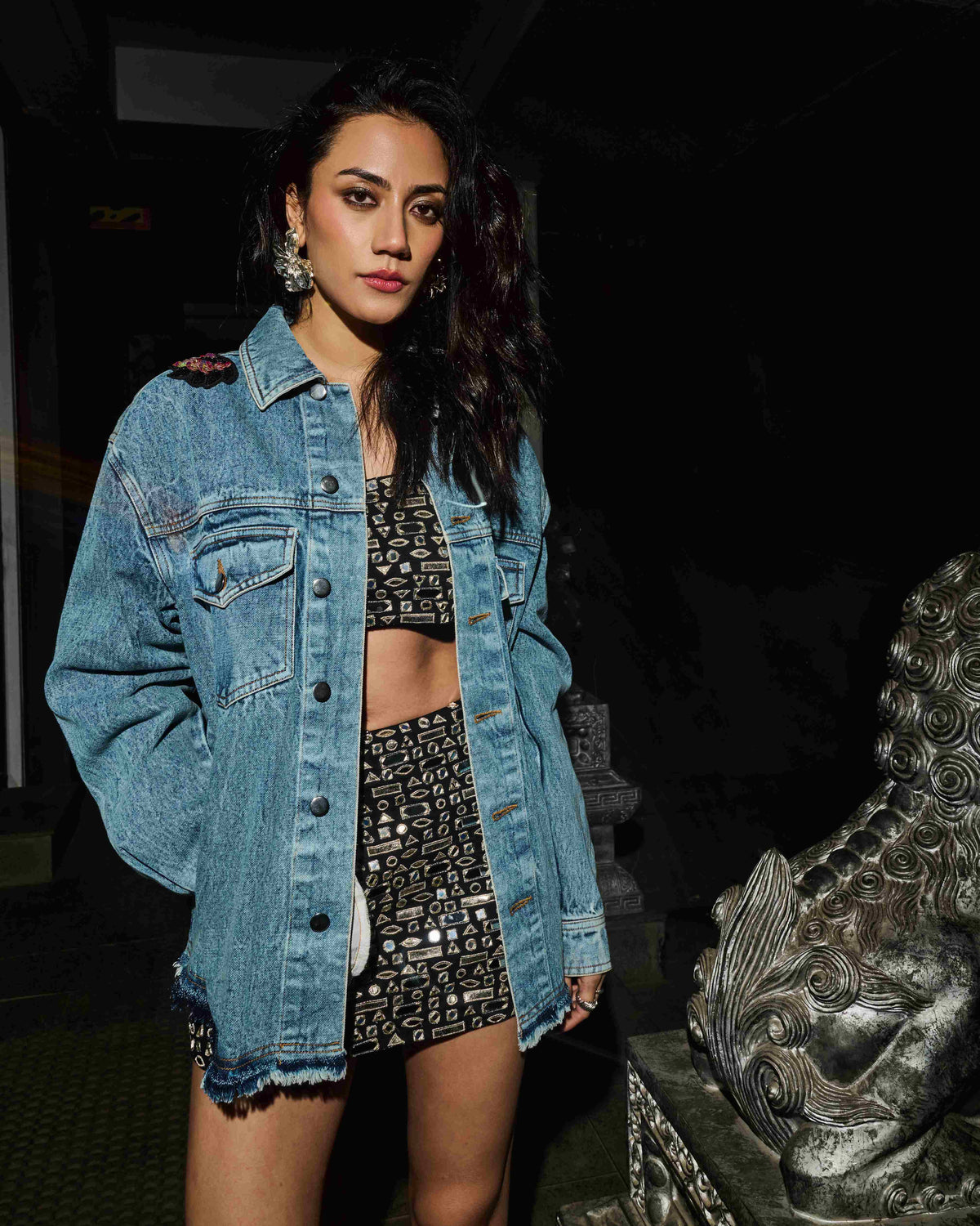 Blue Denim Tiger Embroidered Oversized Jacket