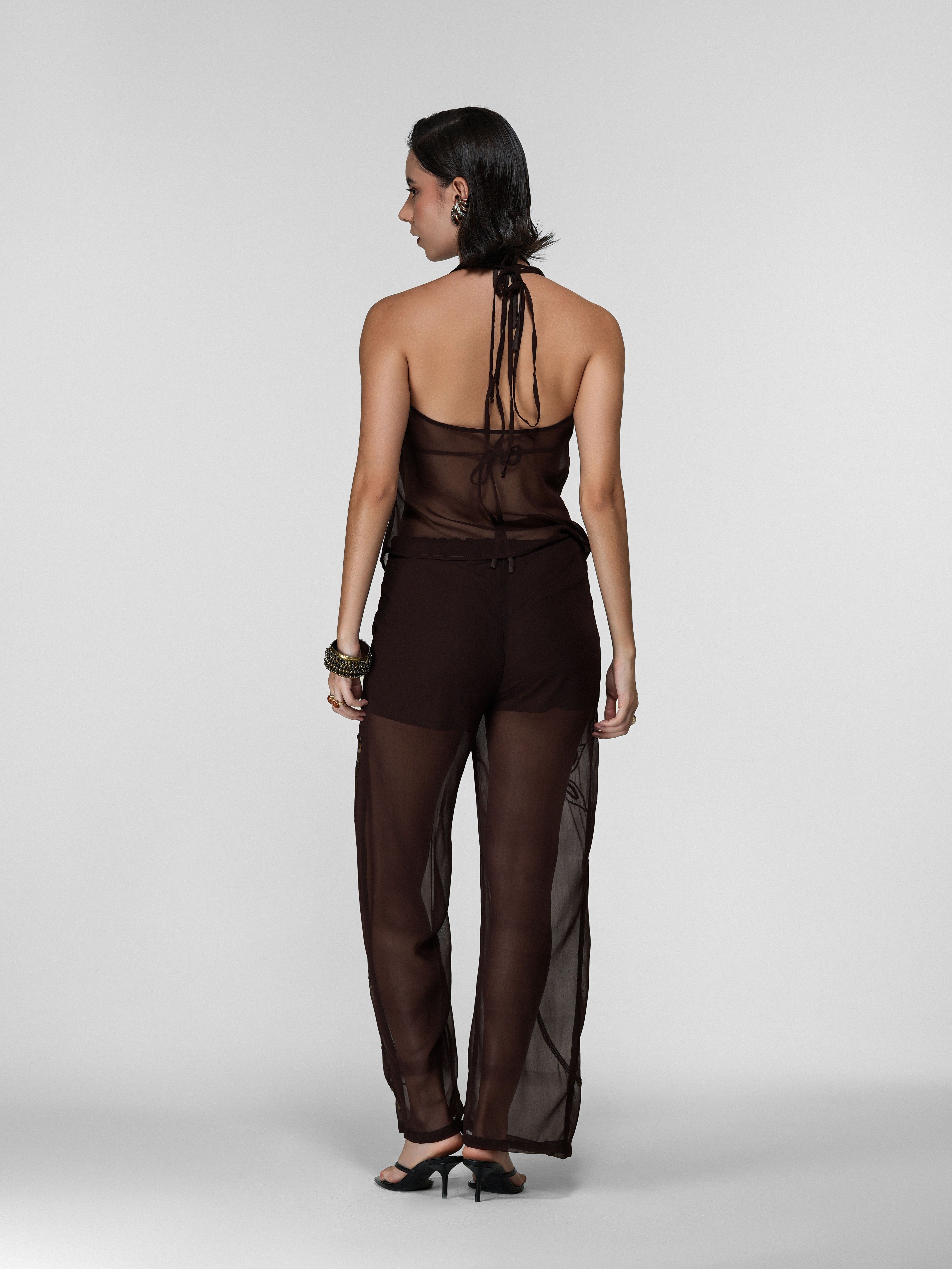 Brown Sheer Halter Cape Overlay with Cowl Drape