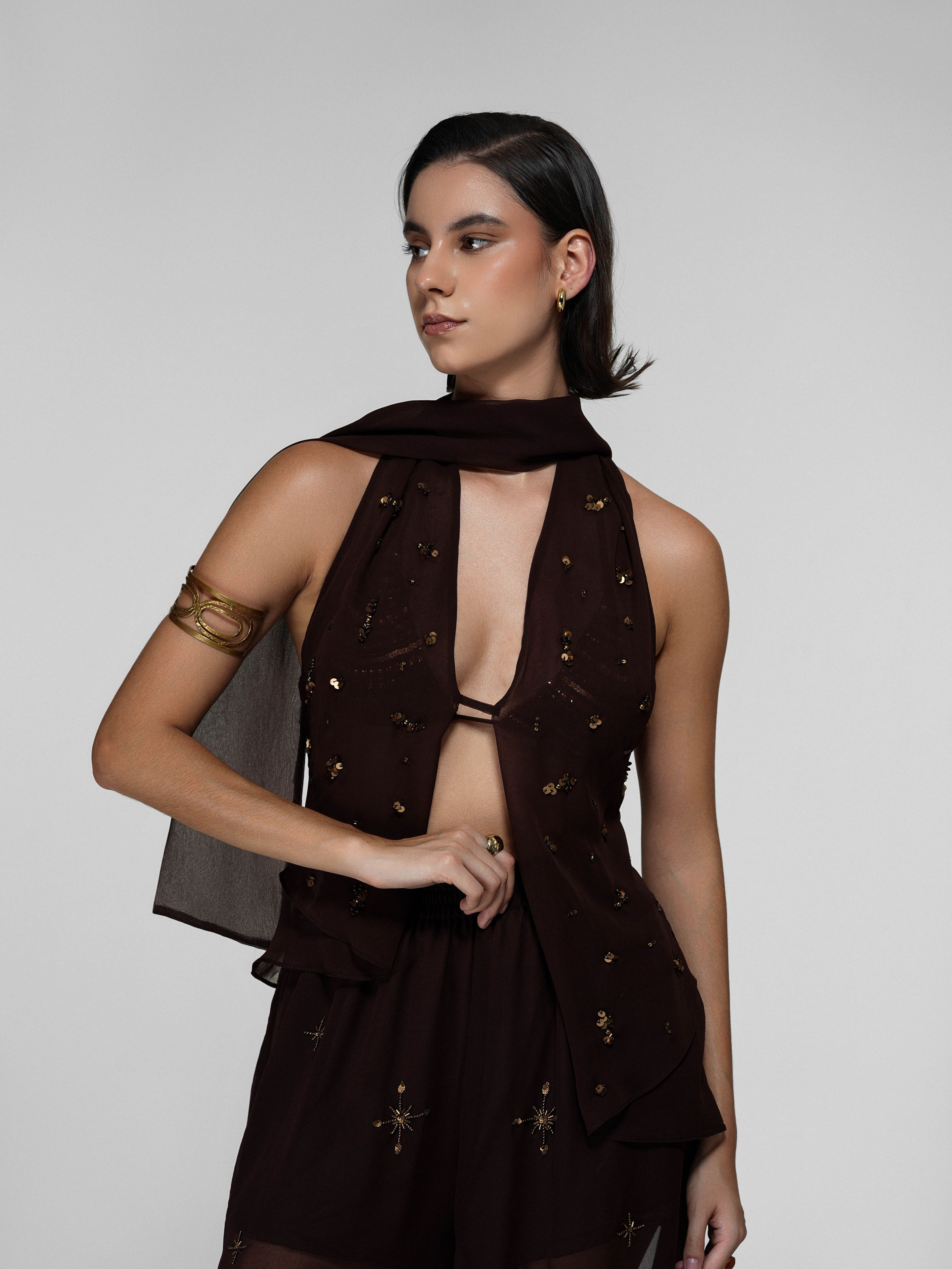 Brown Draped Halter Top with Open Front