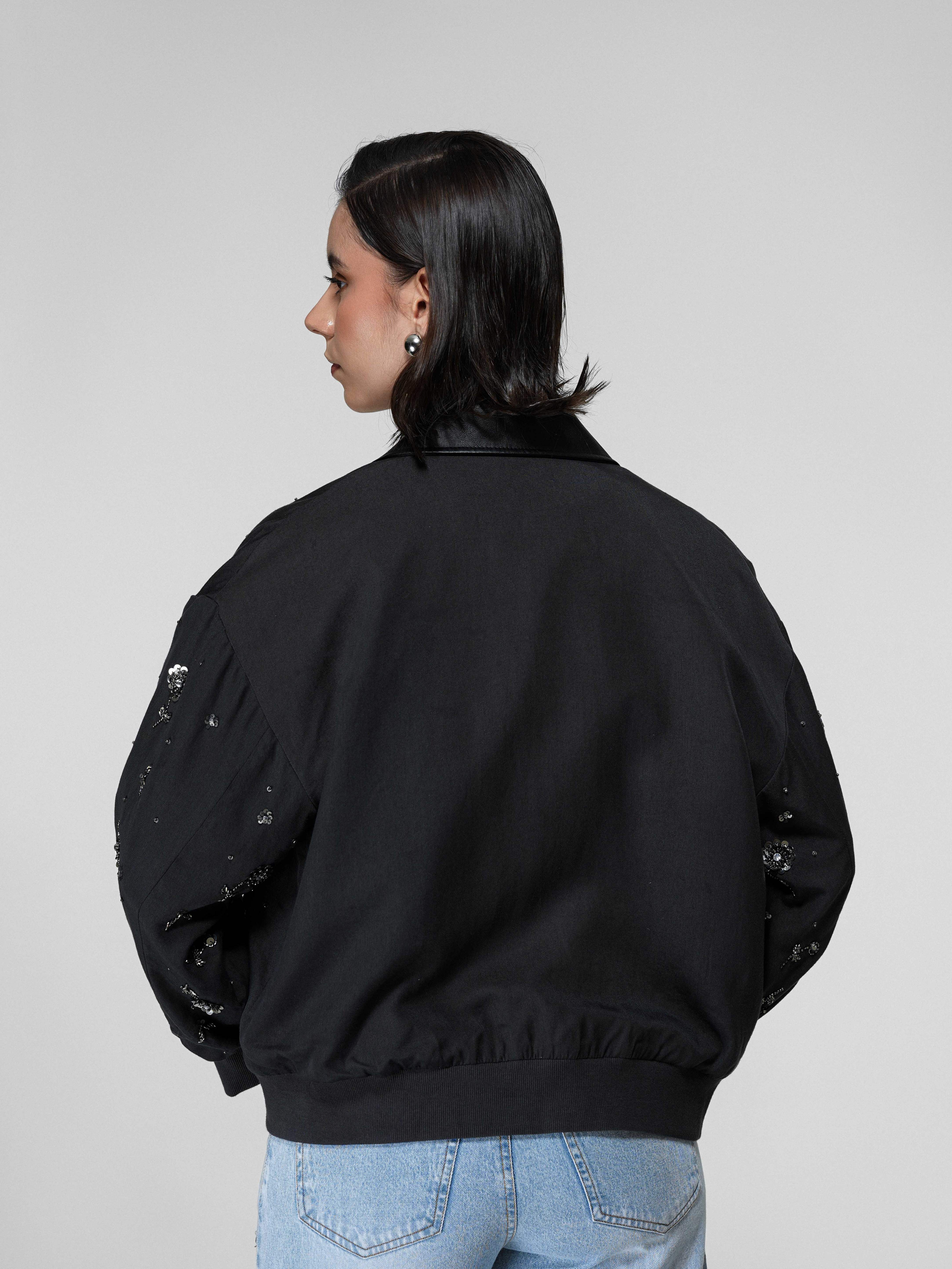 Dark Grey Floral Beaded Bomber Jacket