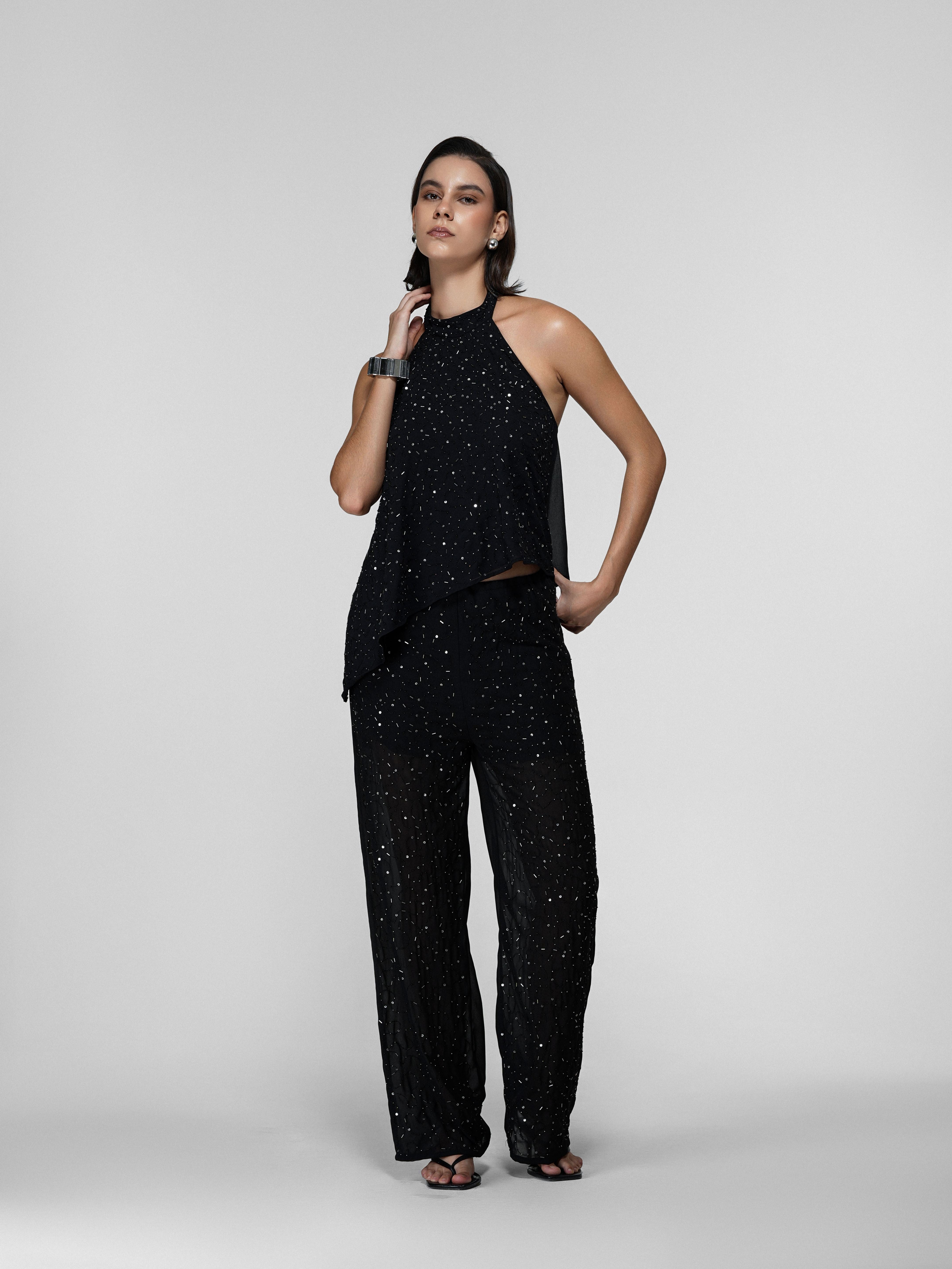 Asymmetric Hand-Beaded Sequin Halter Top