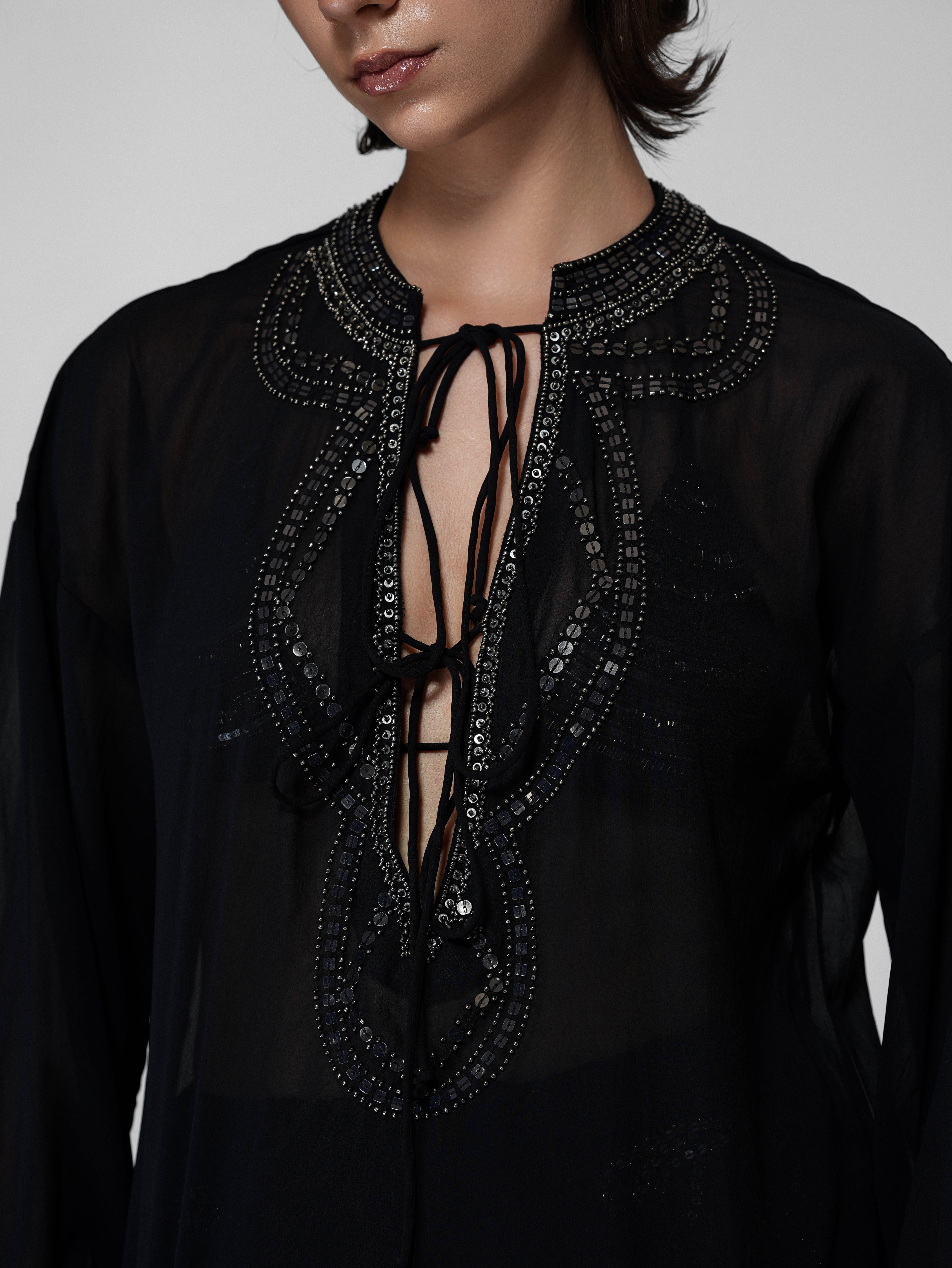 Black Sheer Bead-Embroidered Balloon Sleeve Top