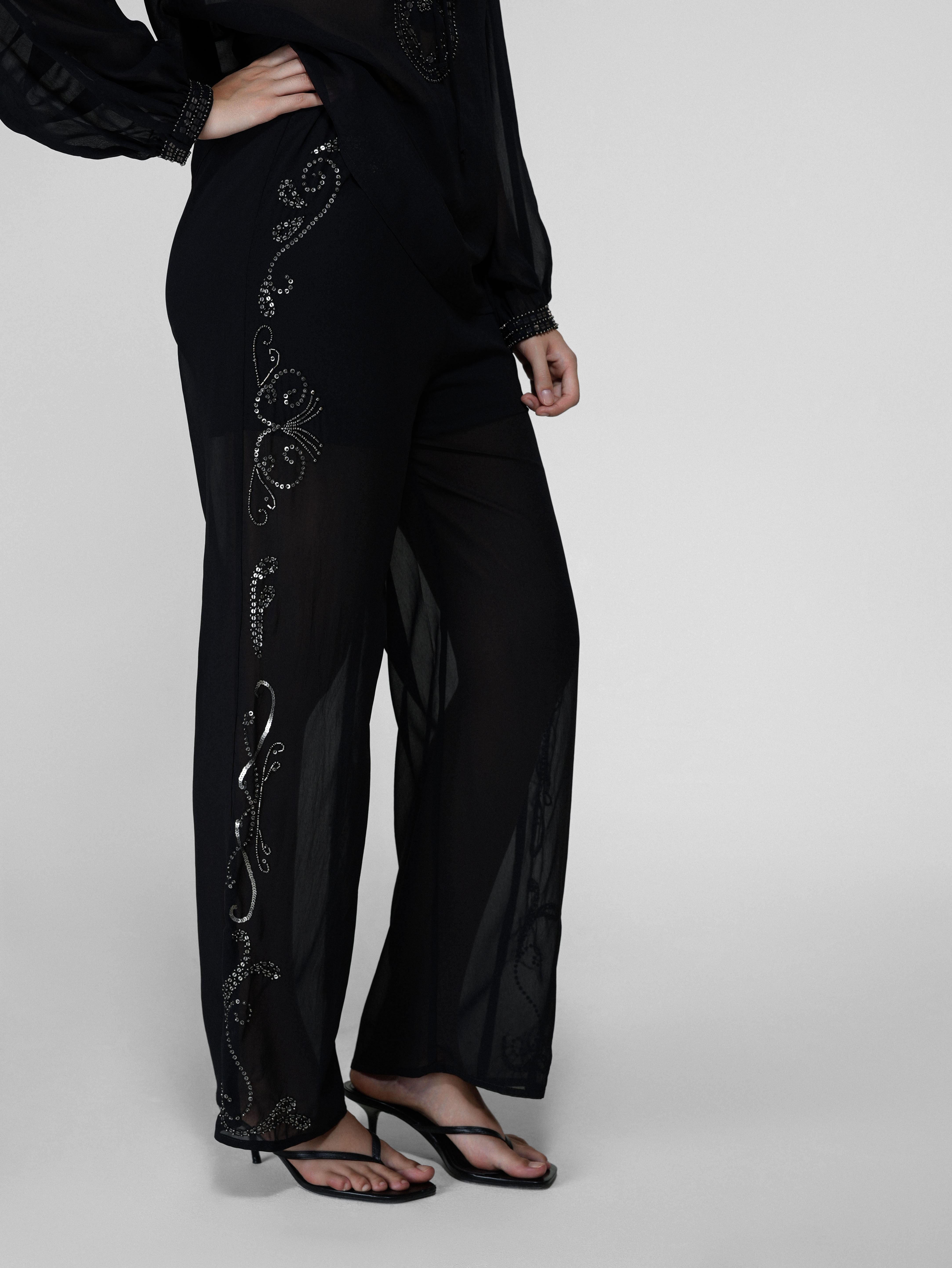 Black Sheer Drawstring Wide-Leg Pants