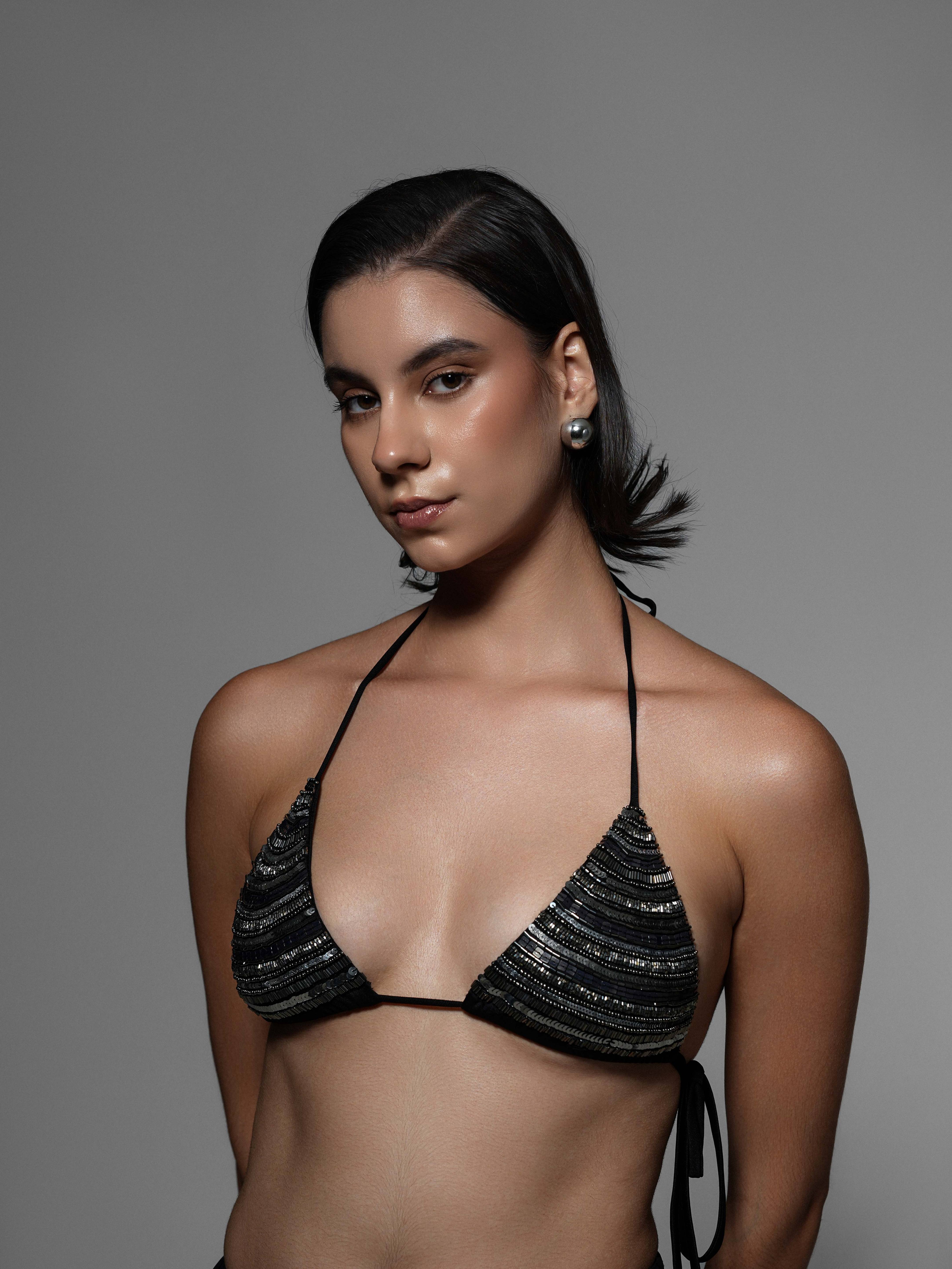 Black Embroidered Sequin Halter Bralette
