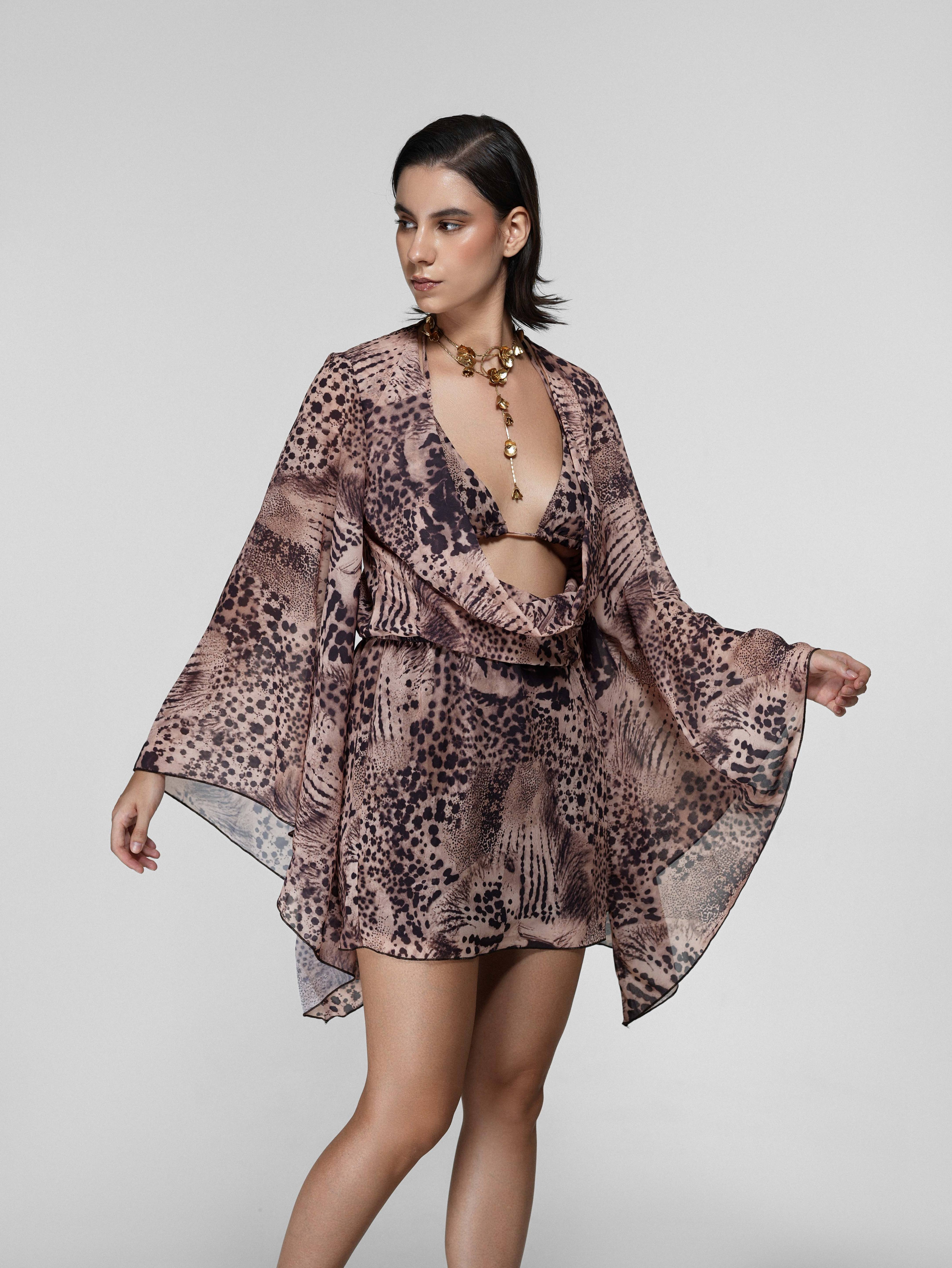 Animal Print Sheer Cowl Wrap Dress with Bell Sleeves