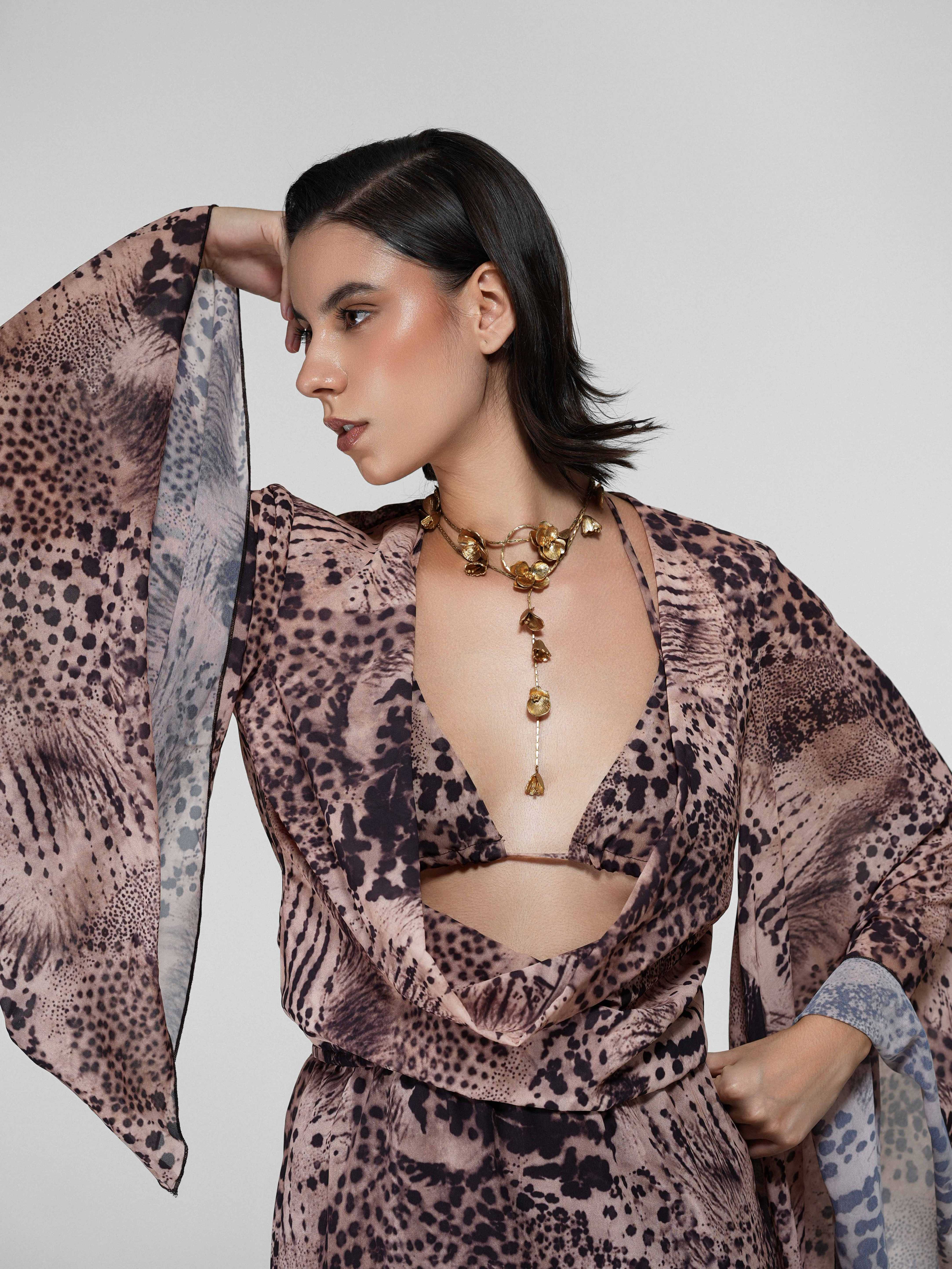 Animal Print Sheer Cowl Wrap Dress with Bell Sleeves