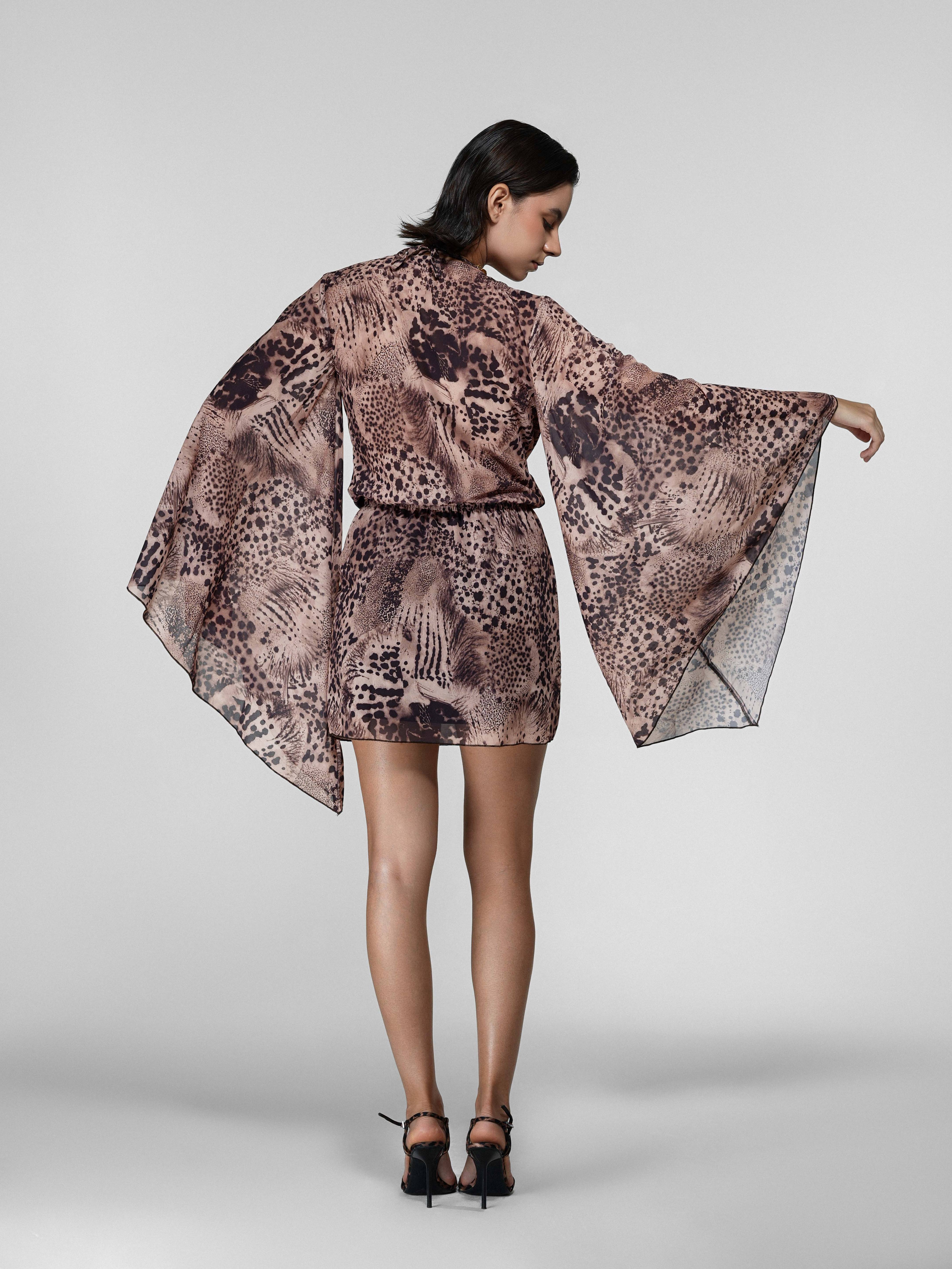 Animal Print Sheer Cowl Wrap Dress with Bell Sleeves