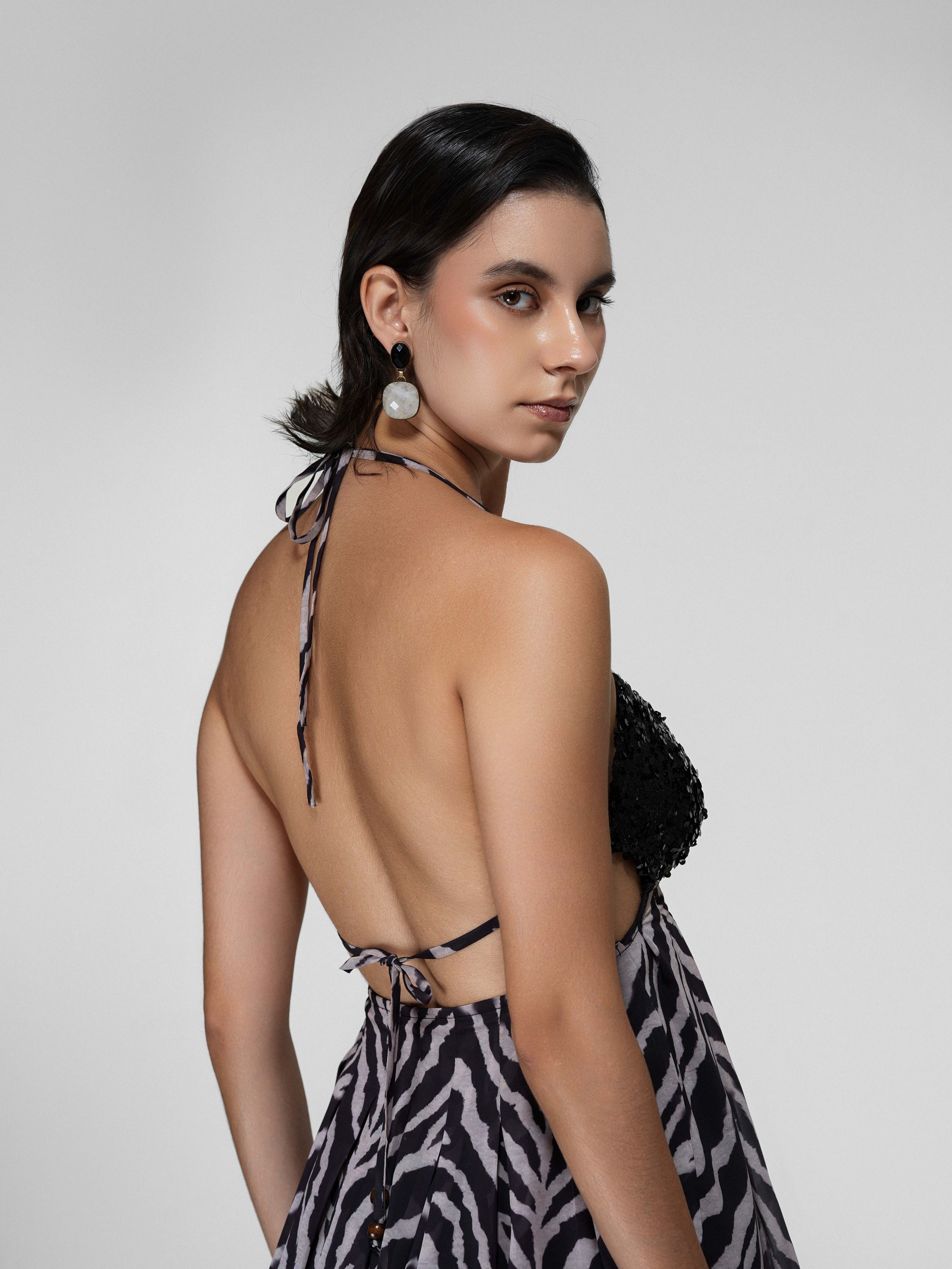 Black Sequin Bodice Zebra Print Mini Dress