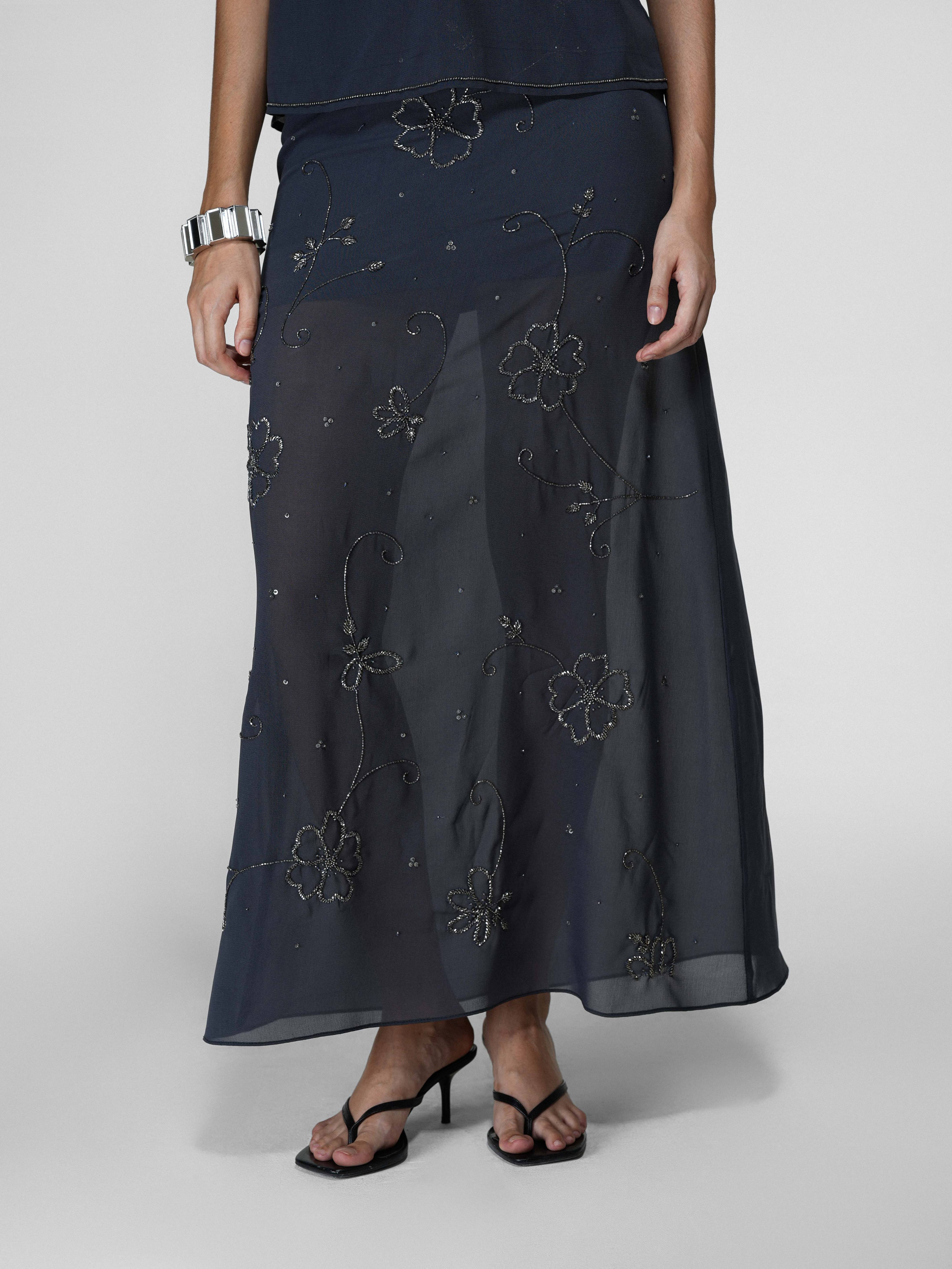 Grey Sheer Floral Bead-Embroidered Maxi Skirt