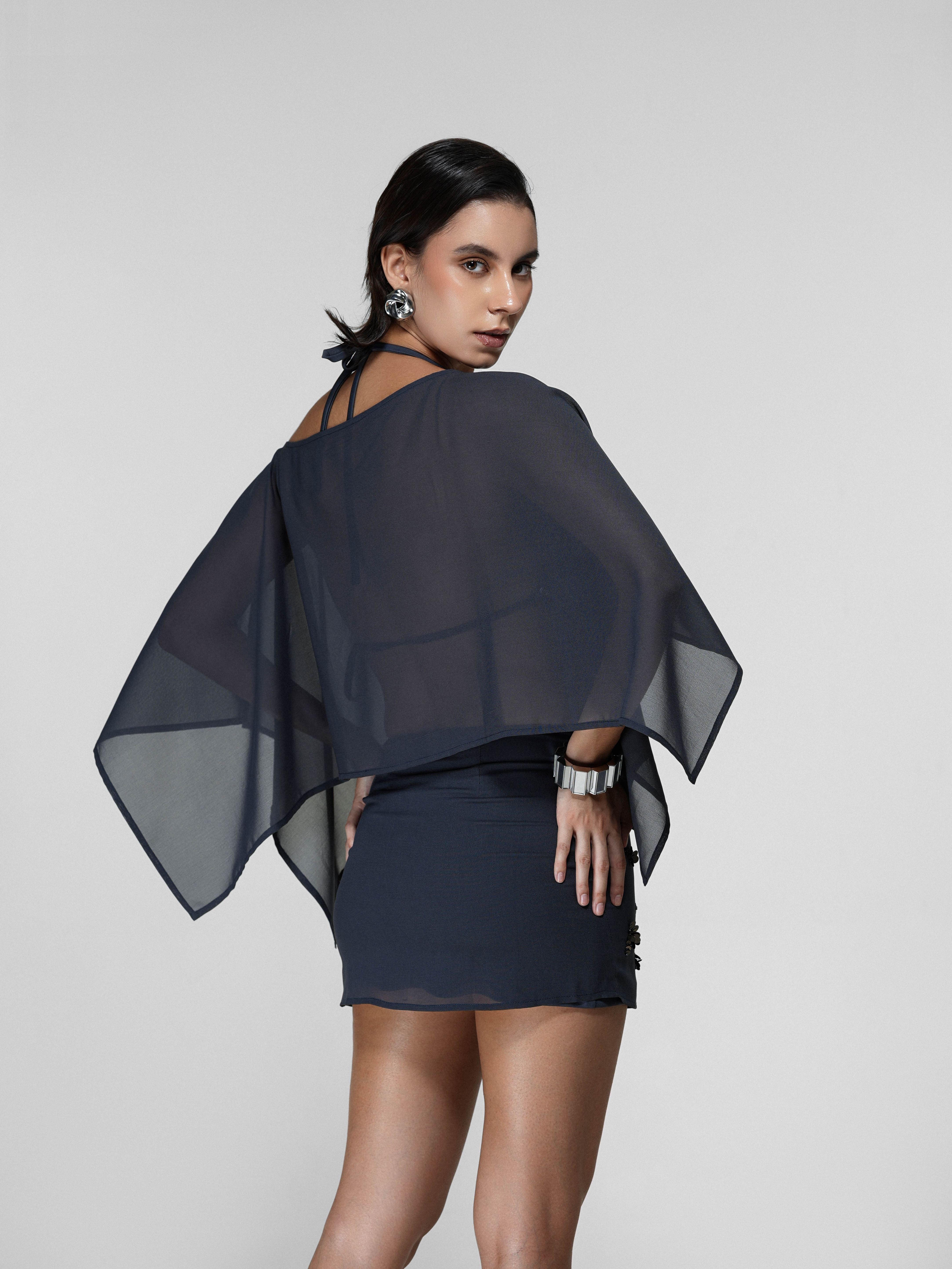 Grey Sheer Asymmetric Draped Cape