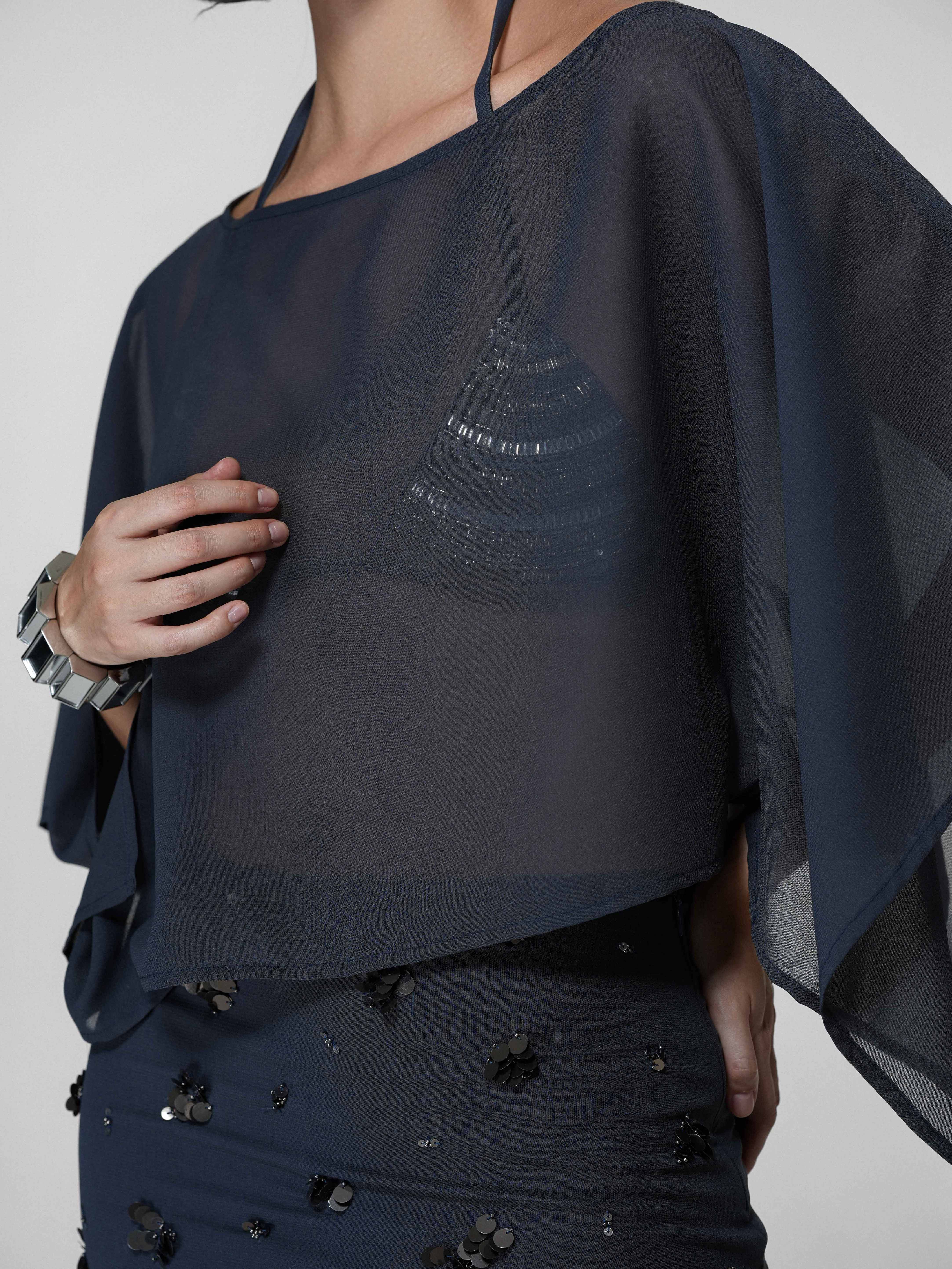 Grey Sheer Asymmetric Draped Cape