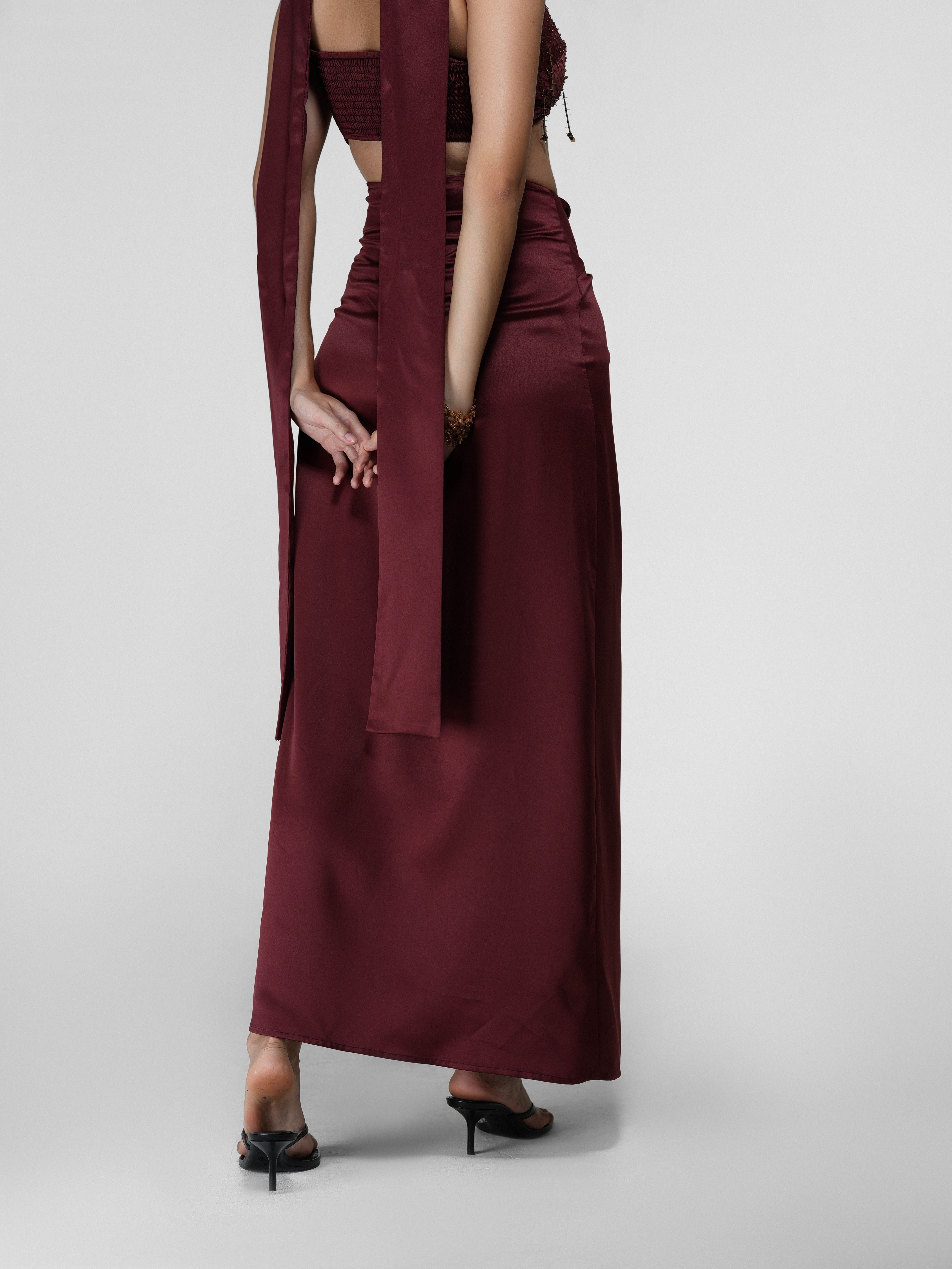 Knotted Slit Satin Maxi Skirt